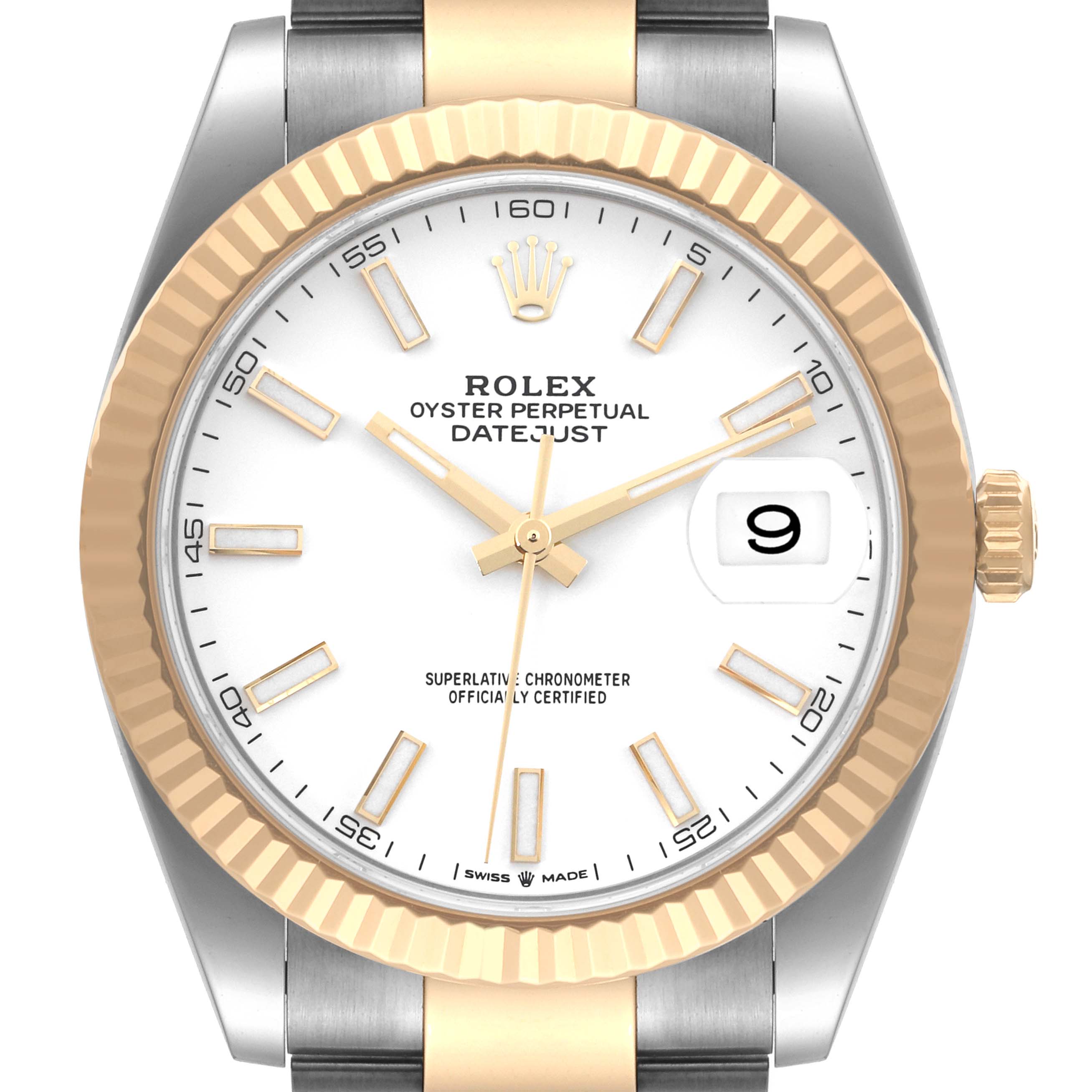 This image shows a front view of the Rolex Datejust 41 126333 Men's Steel and Gold (two tone) White Dial 126333 Men's Steel and Gold (two tone) White Dial watch, highlighting the dial, bezel, and crown.