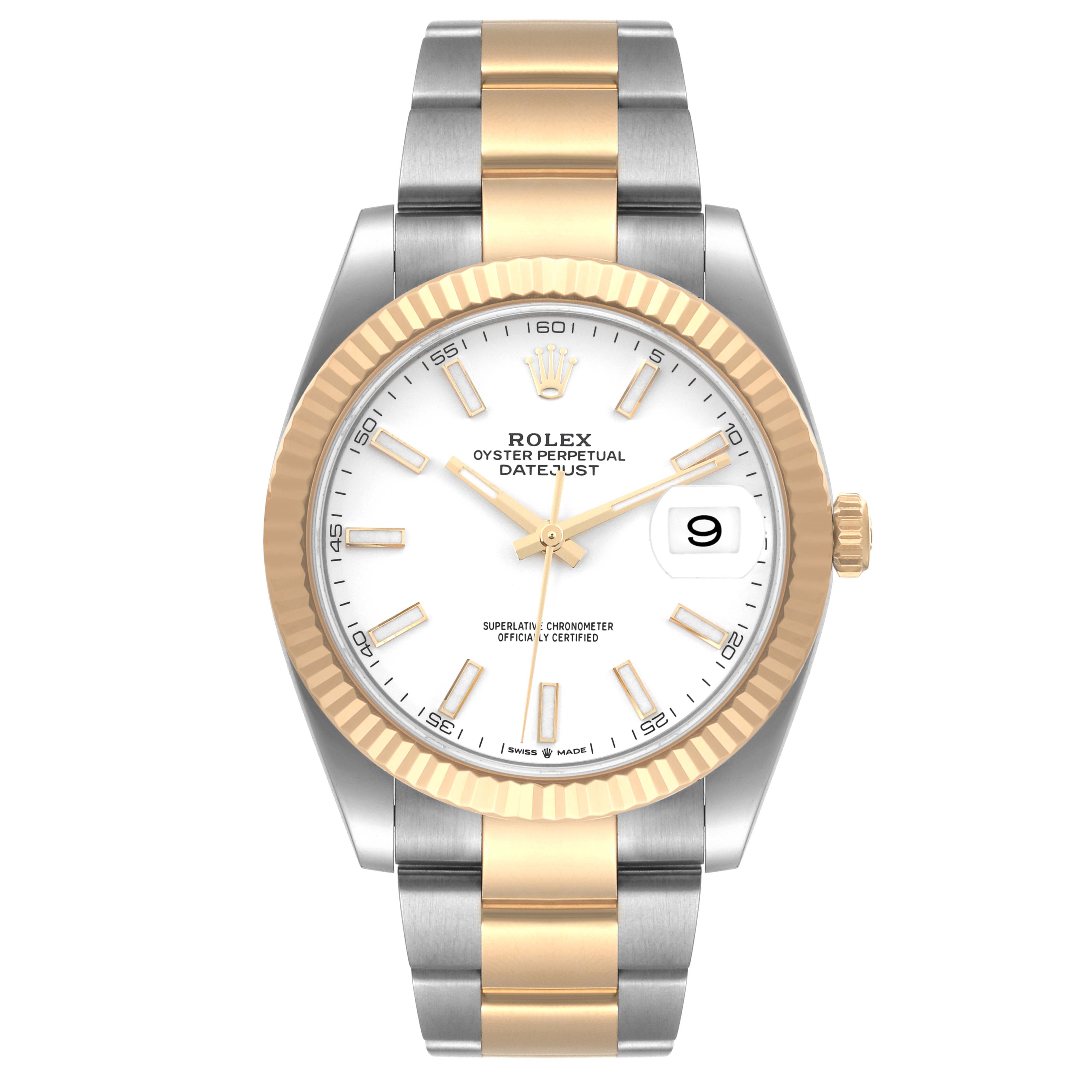 The Rolex Datejust 41 126333 Men's Steel and Gold (two tone) White Dial 126333 Men's Steel and Gold (two tone) White Dial model is shown from the front, displaying its dial, bezel, crown, and two-tone bracelet.