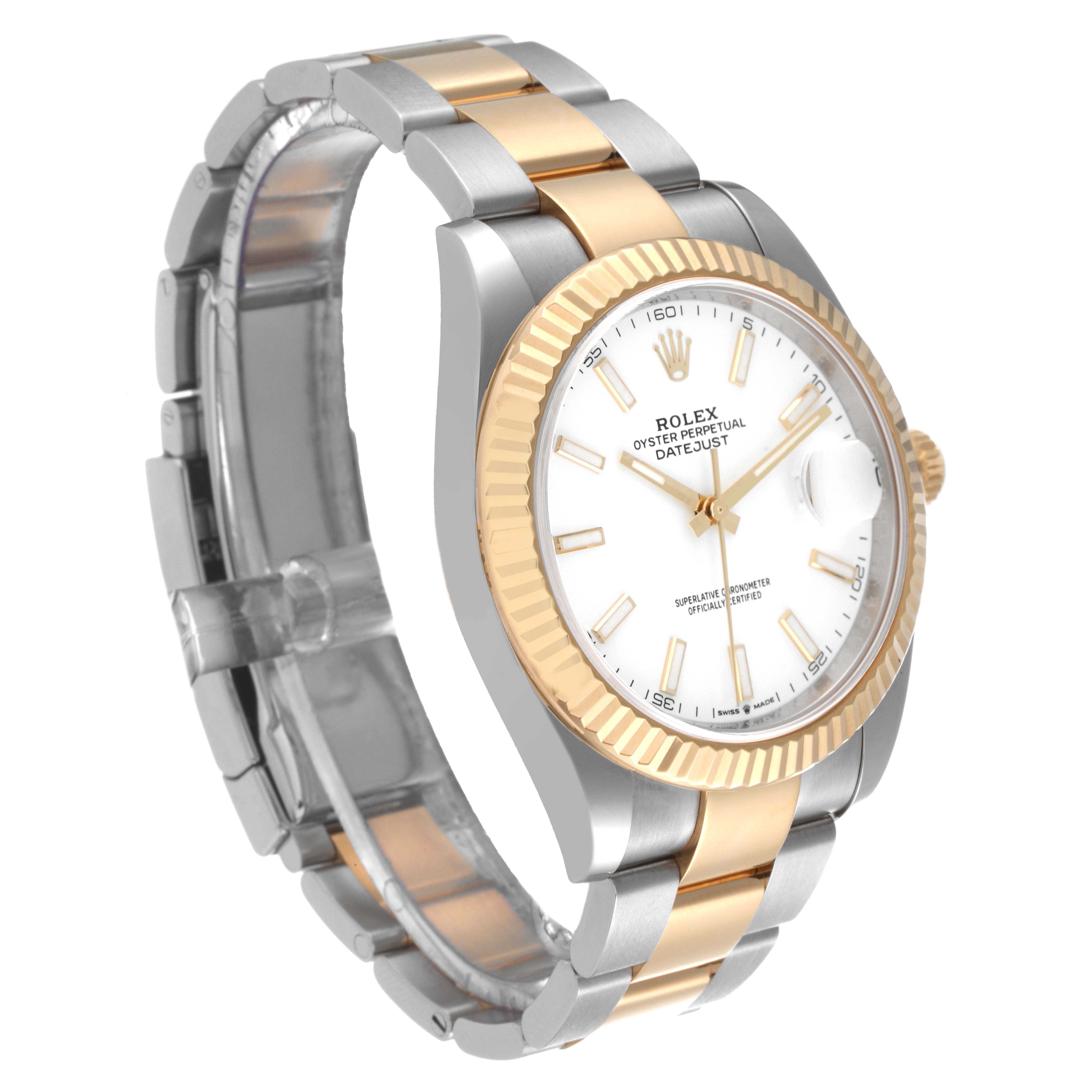 The image shows a Rolex Datejust 41 126333 Men's Steel and Gold (two tone) White Dial 126333 Men's Steel and Gold (two tone) White Dial watch from a front-side angle, highlighting its gold and silver bracelet and white dial.