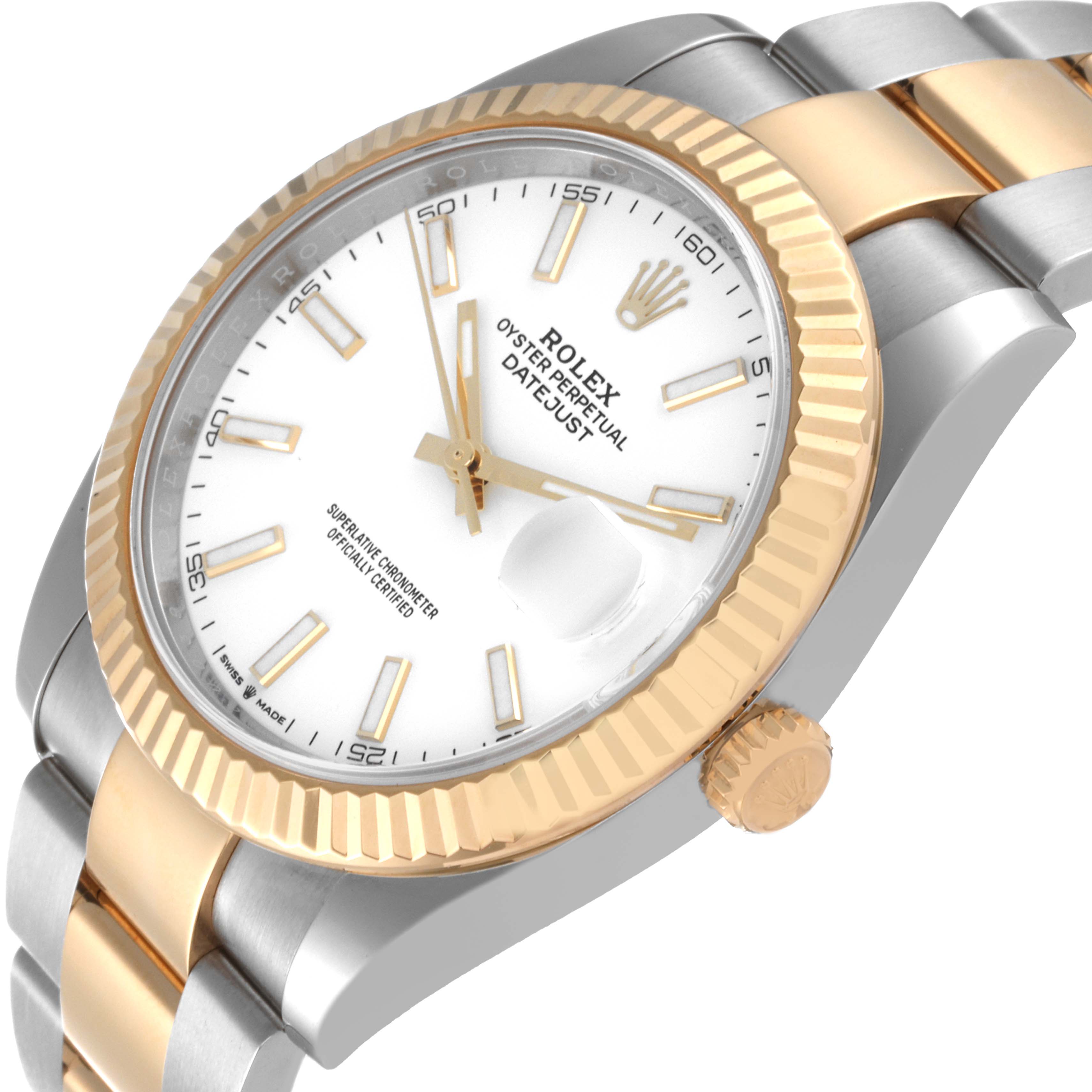 The Rolex Datejust 41 126333 Men's Steel and Gold (two tone) White Dial 126333 Men's Steel and Gold (two tone) White Dial model is shown at an angled view, highlighting the case, dial, bracelet, and fluted bezel.