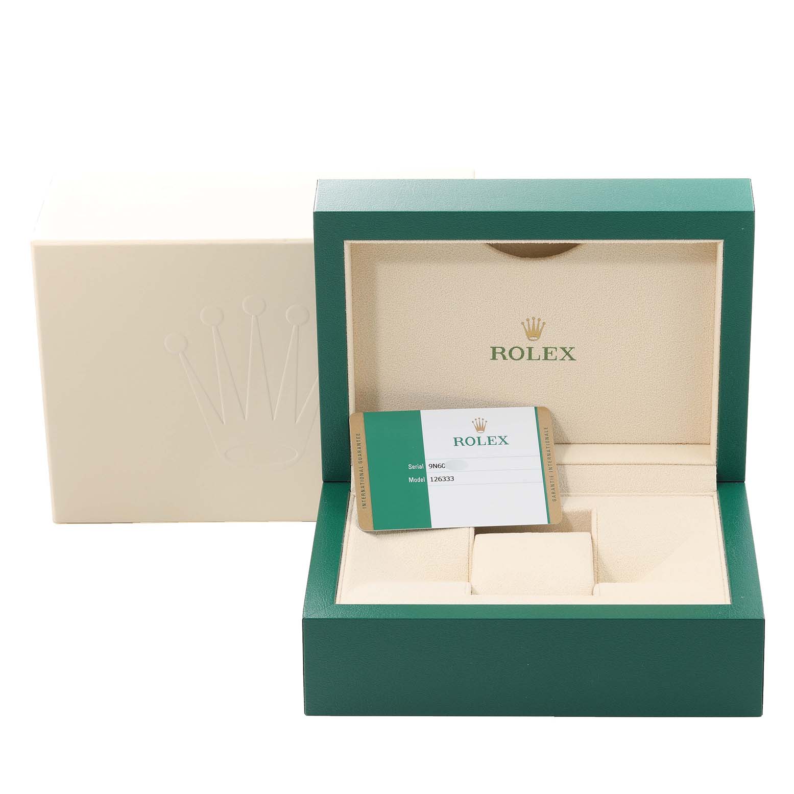 The image shows the packaging box and authenticity card for the Rolex Datejust 41 126333 Men's Steel and Gold (two tone) White Dial 126333 Men's Steel and Gold (two tone) White Dial model.