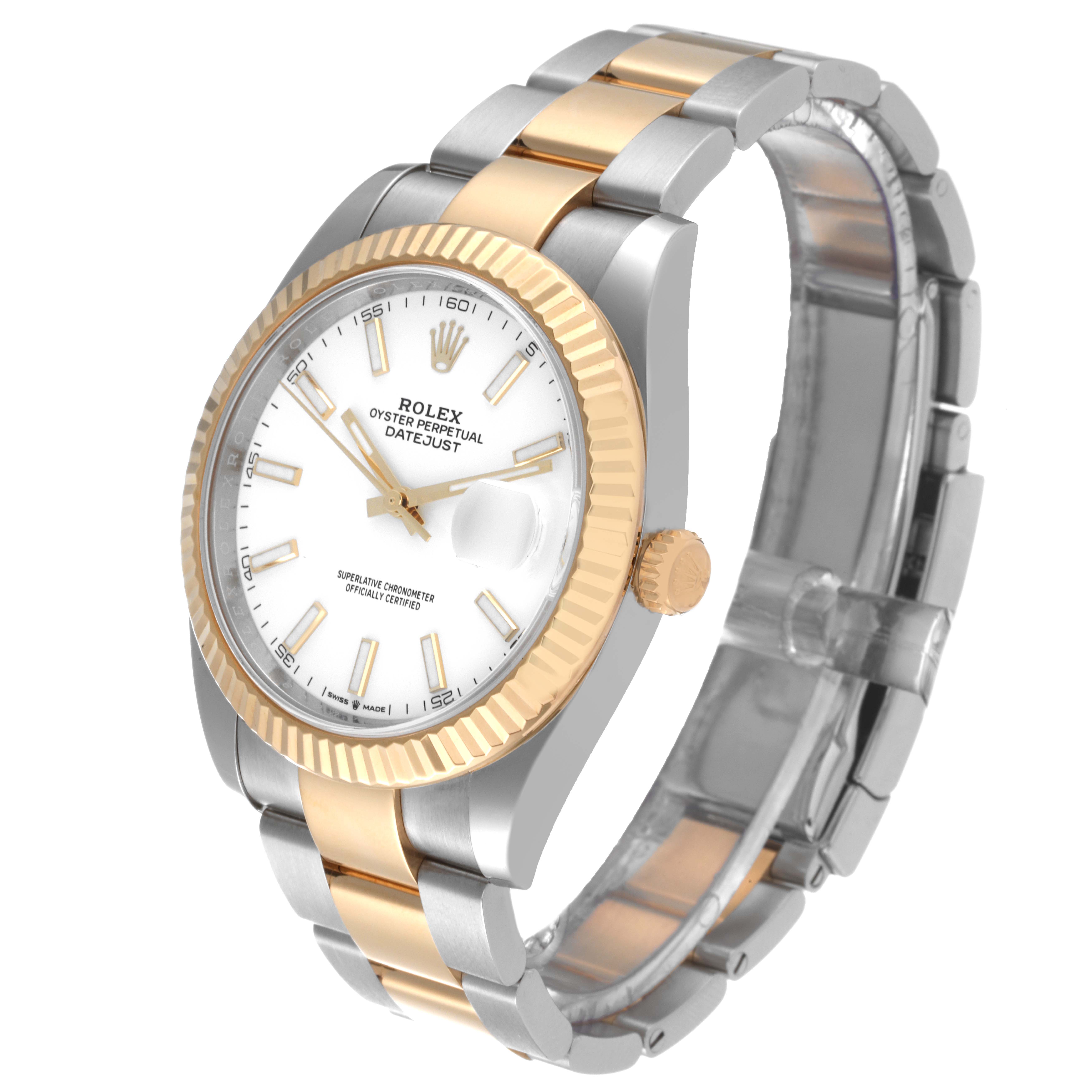This image shows a side angle view of a Rolex Datejust 41 126333 Men's Steel and Gold (two tone) White Dial 126333 Men's Steel and Gold (two tone) White Dial watch, highlighting its dial, bezel, and bracelet.
