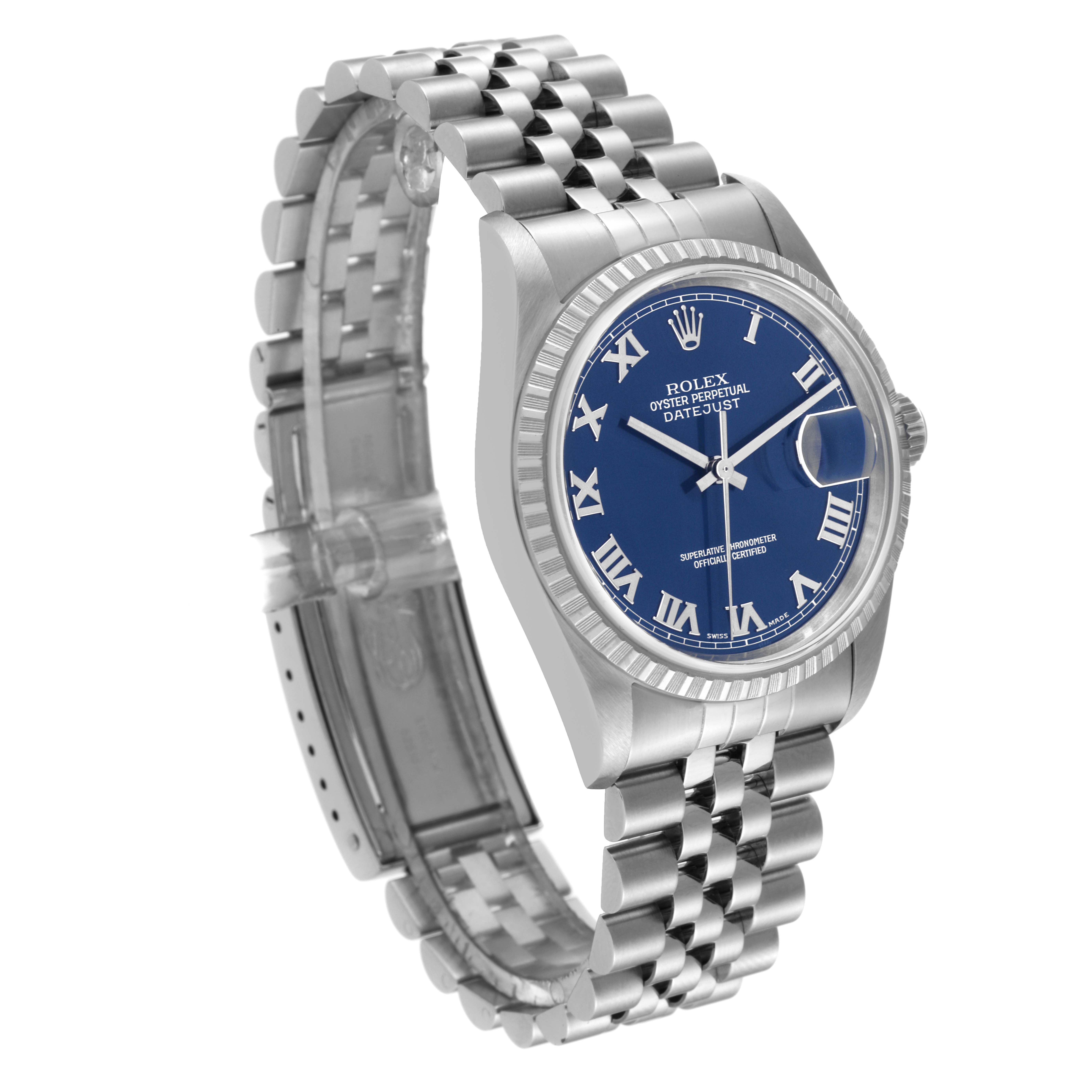 The image shows a side angle of a Rolex Datejust 16220 Men's Stainless Steel Blue Dial 16220 Men's Stainless Steel Blue Dial watch featuring its face, bezel, case, and bracelet.