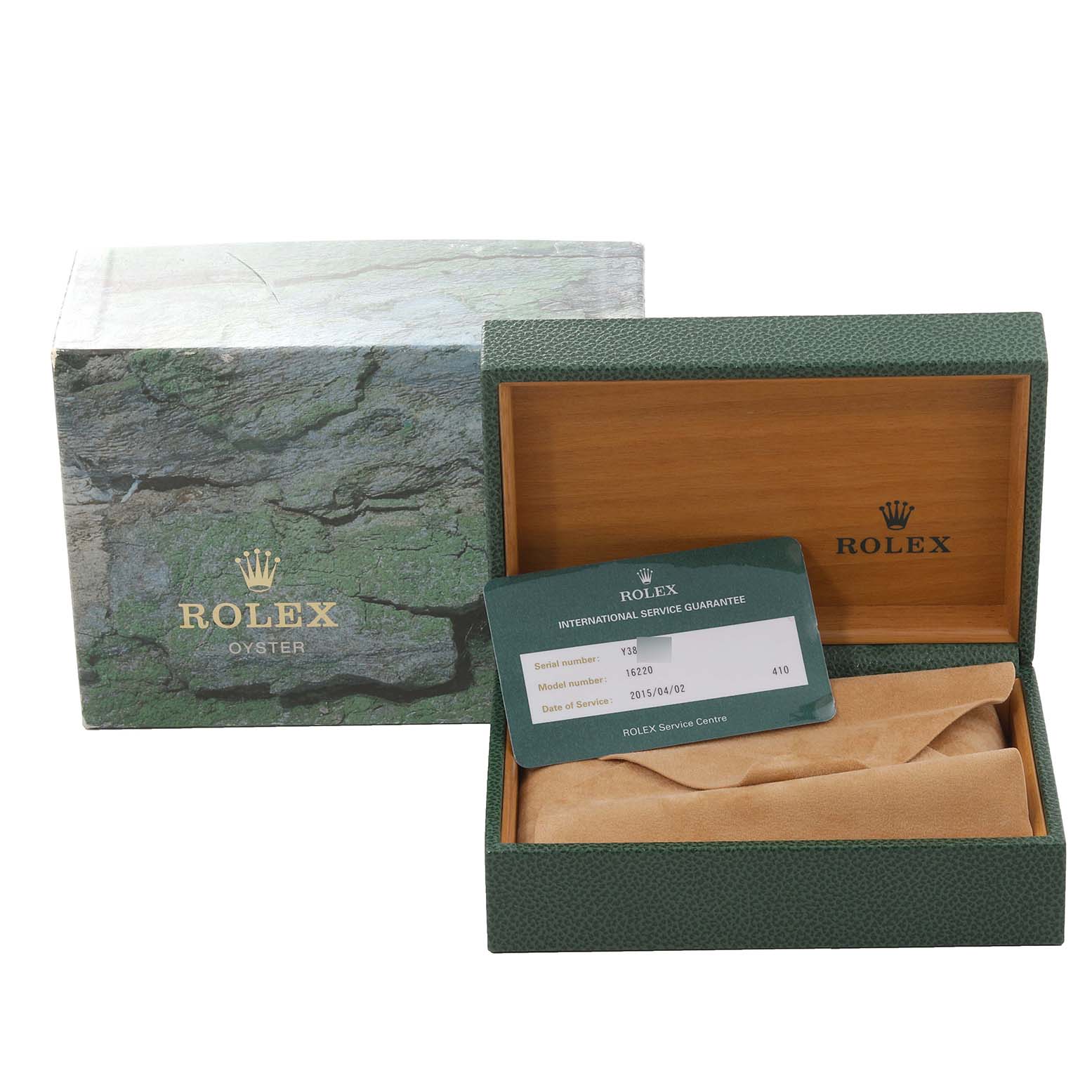 The image shows a Rolex Datejust 16220 Men's Stainless Steel Blue Dial 16220 Men's Stainless Steel Blue Dial box and an international service guarantee card, viewed from the front angle.