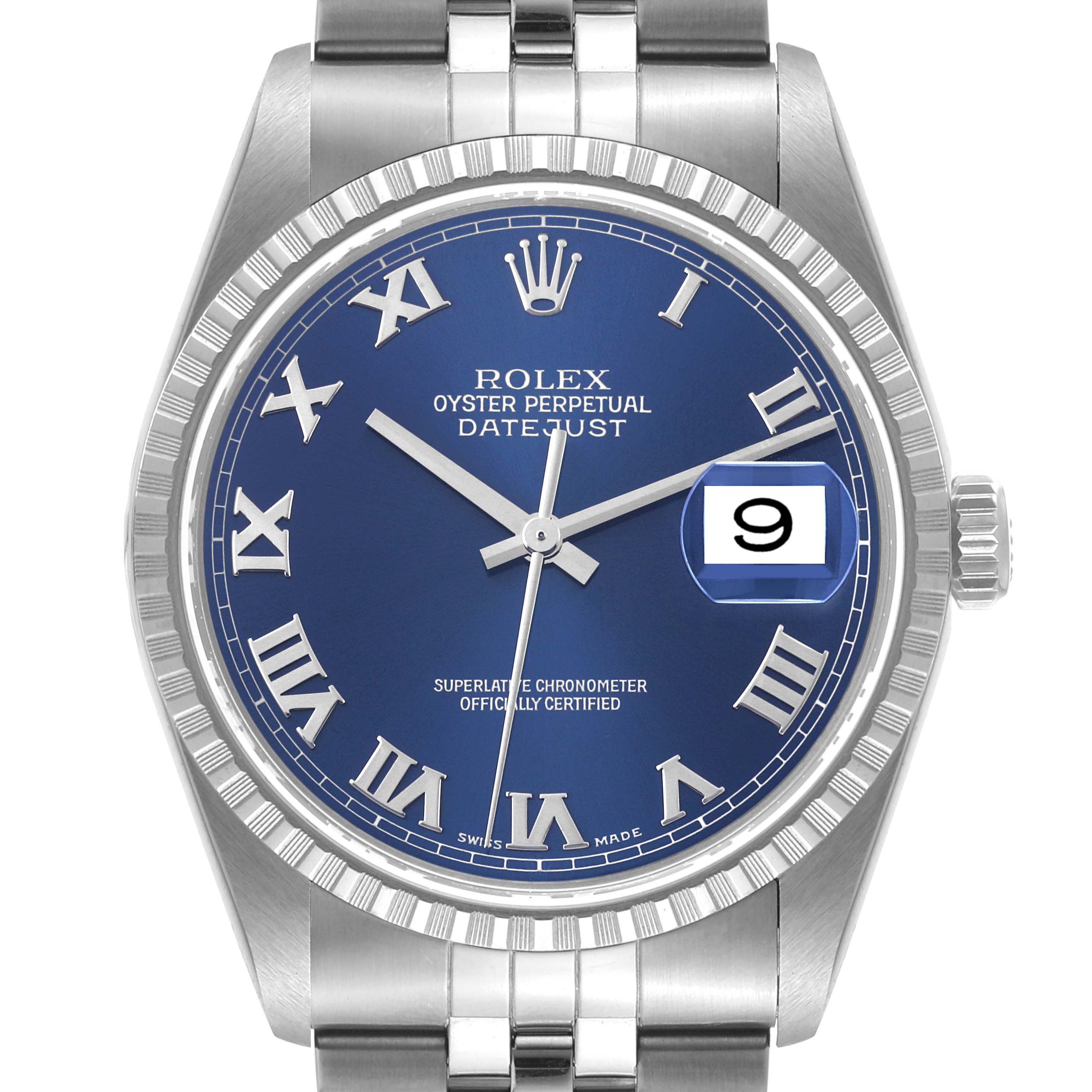 The image shows a front view of the Rolex Datejust 16220 Men's Stainless Steel Blue Dial 16220 Men's Stainless Steel Blue Dial watch, featuring the dial, hands, bezel, and part of the bracelet.