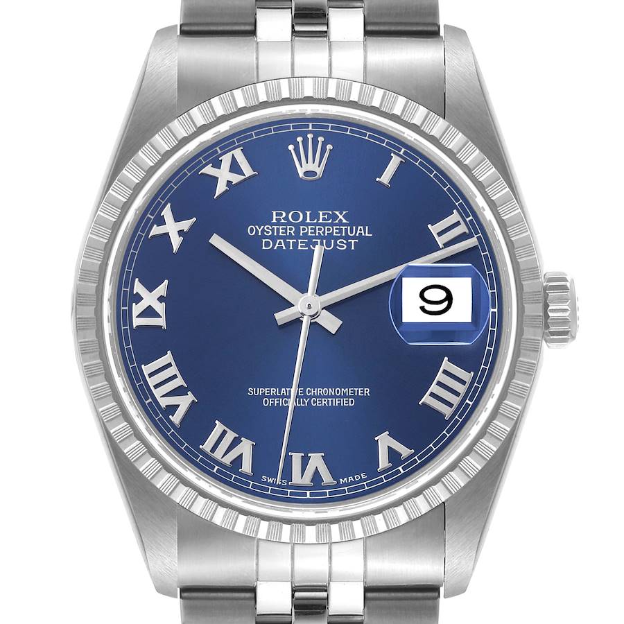 Rolex Datejust Blue Dial Engine Turned Bezel Steel Mens Watch 16220 Service Card SwissWatchExpo