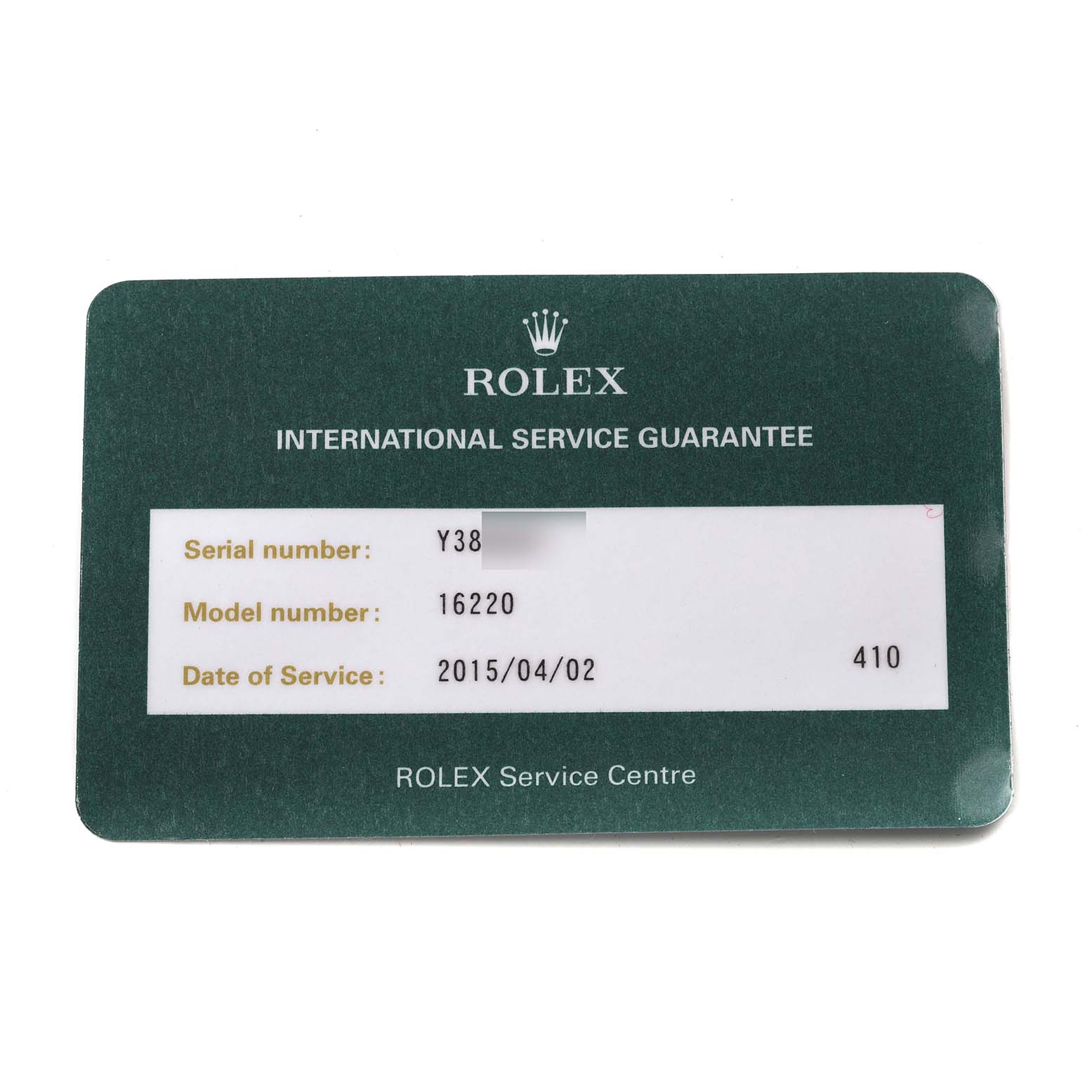 The image shows a Rolex Service Guarantee card for the Rolex Datejust 16220 Men's Stainless Steel Blue Dial 16220 Men's Stainless Steel Blue Dial model, listing the serial number, model number 16220, and date of service.