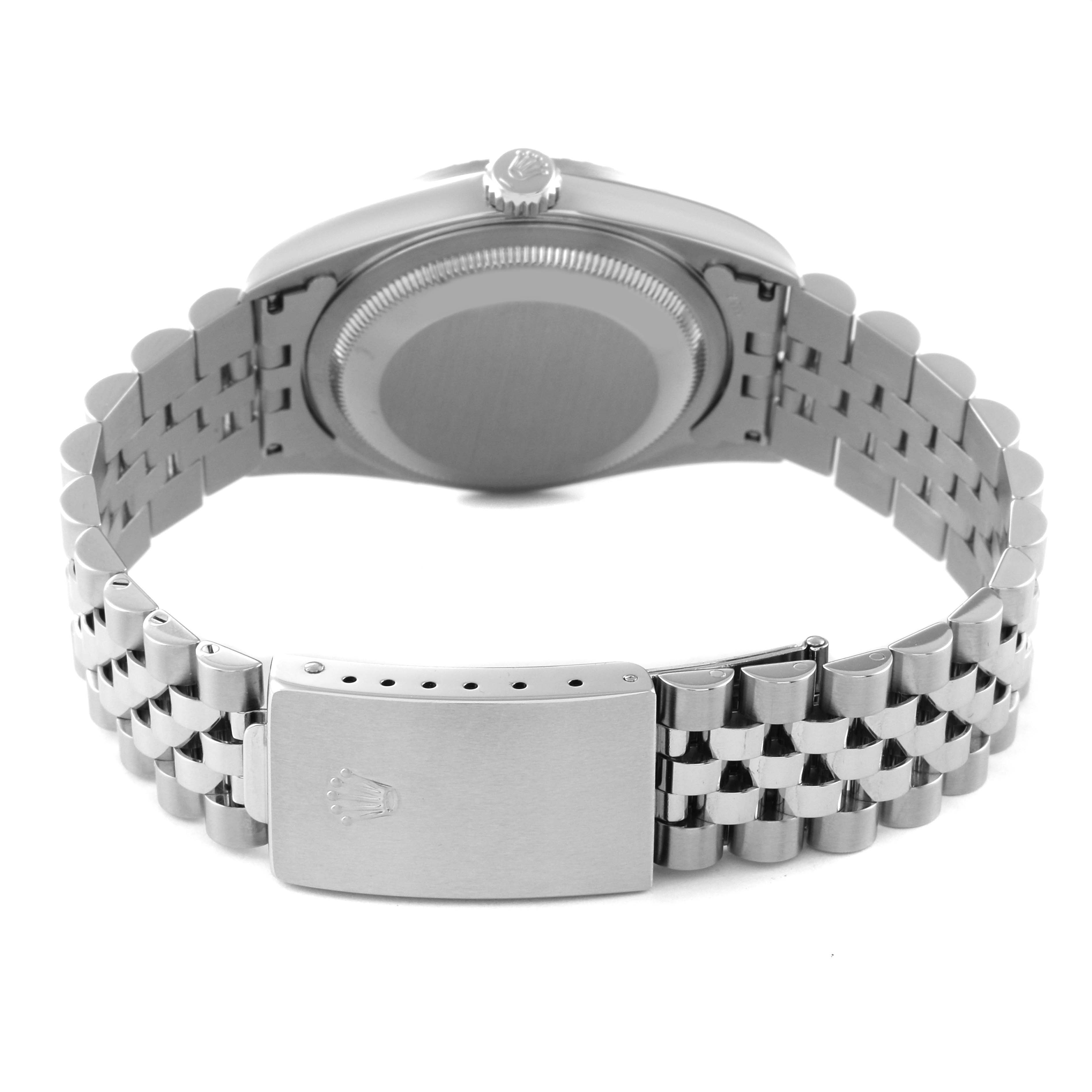 The image shows the back case and stainless steel bracelet of a Rolex Datejust 16220 Men's Stainless Steel Blue Dial 16220 Men's Stainless Steel Blue Dial watch from a rear angle.