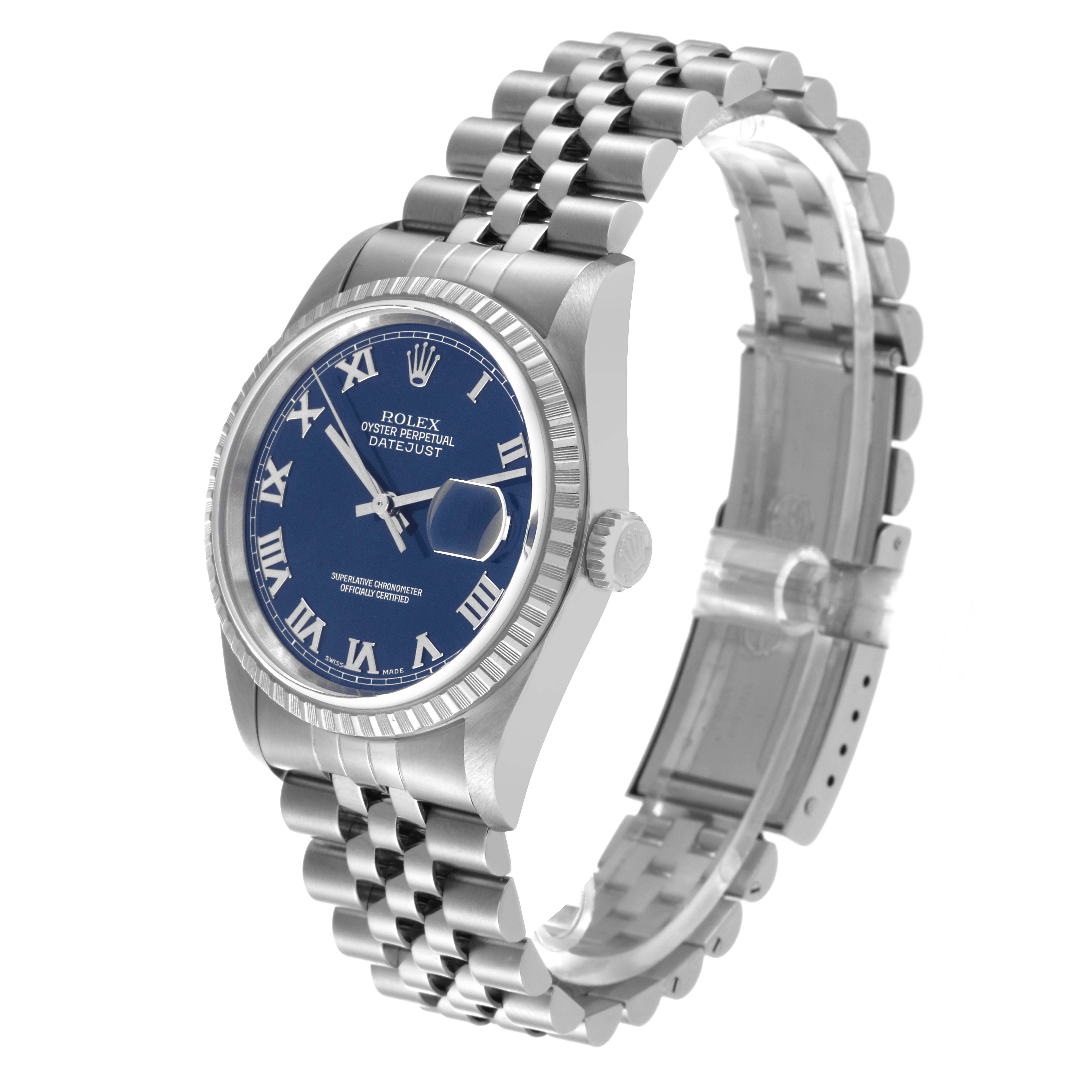 The Rolex Datejust 16220 Men's Stainless Steel Blue Dial 16220 Men's Stainless Steel Blue Dial watch is shown at a slight angle, highlighting the dial, bezel, crown, and bracelet.