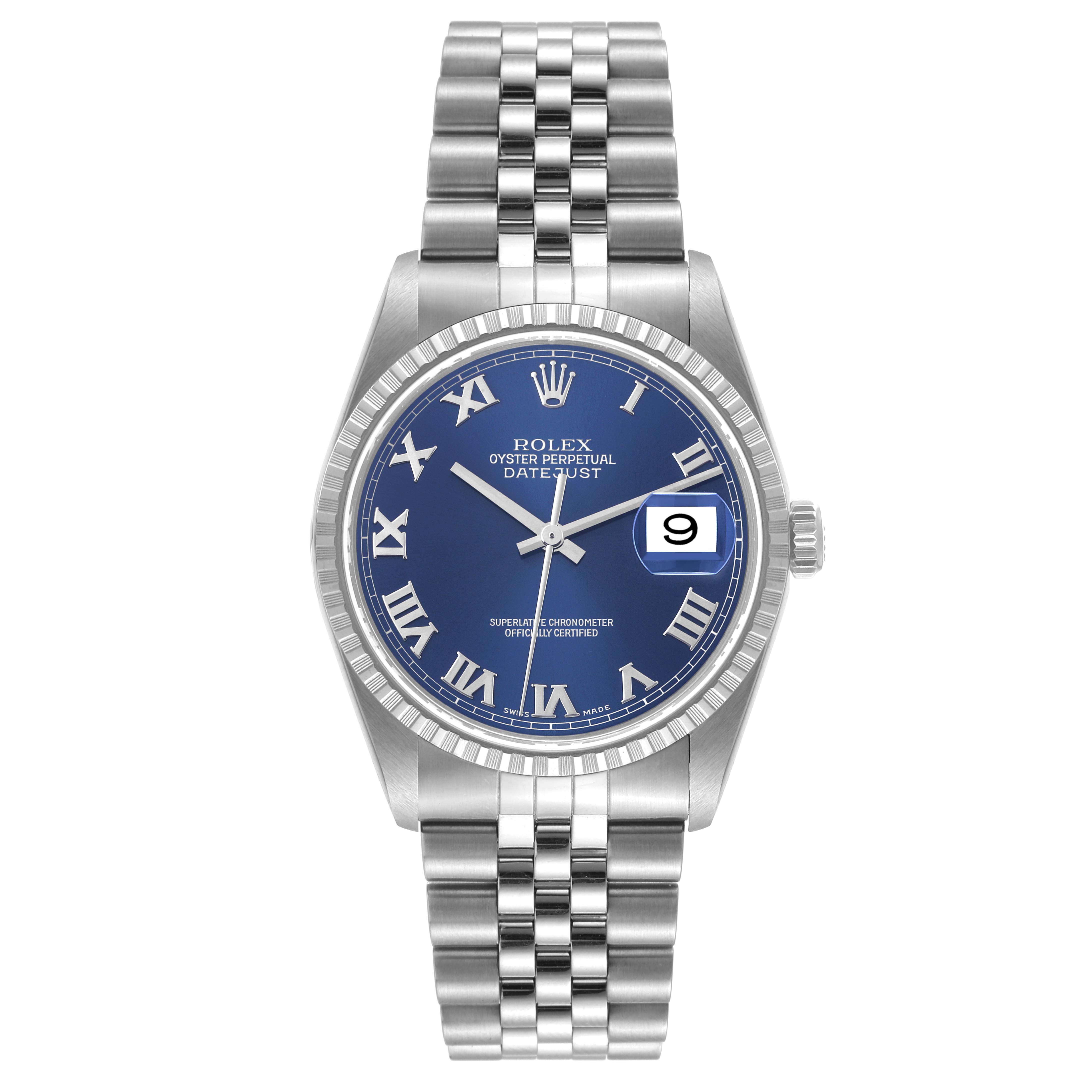 This image shows a front view of the Rolex Datejust 16220 Men's Stainless Steel Blue Dial 16220 Men's Stainless Steel Blue Dial watch, featuring its blue dial, Roman numerals, Jubilee bracelet, and date display.