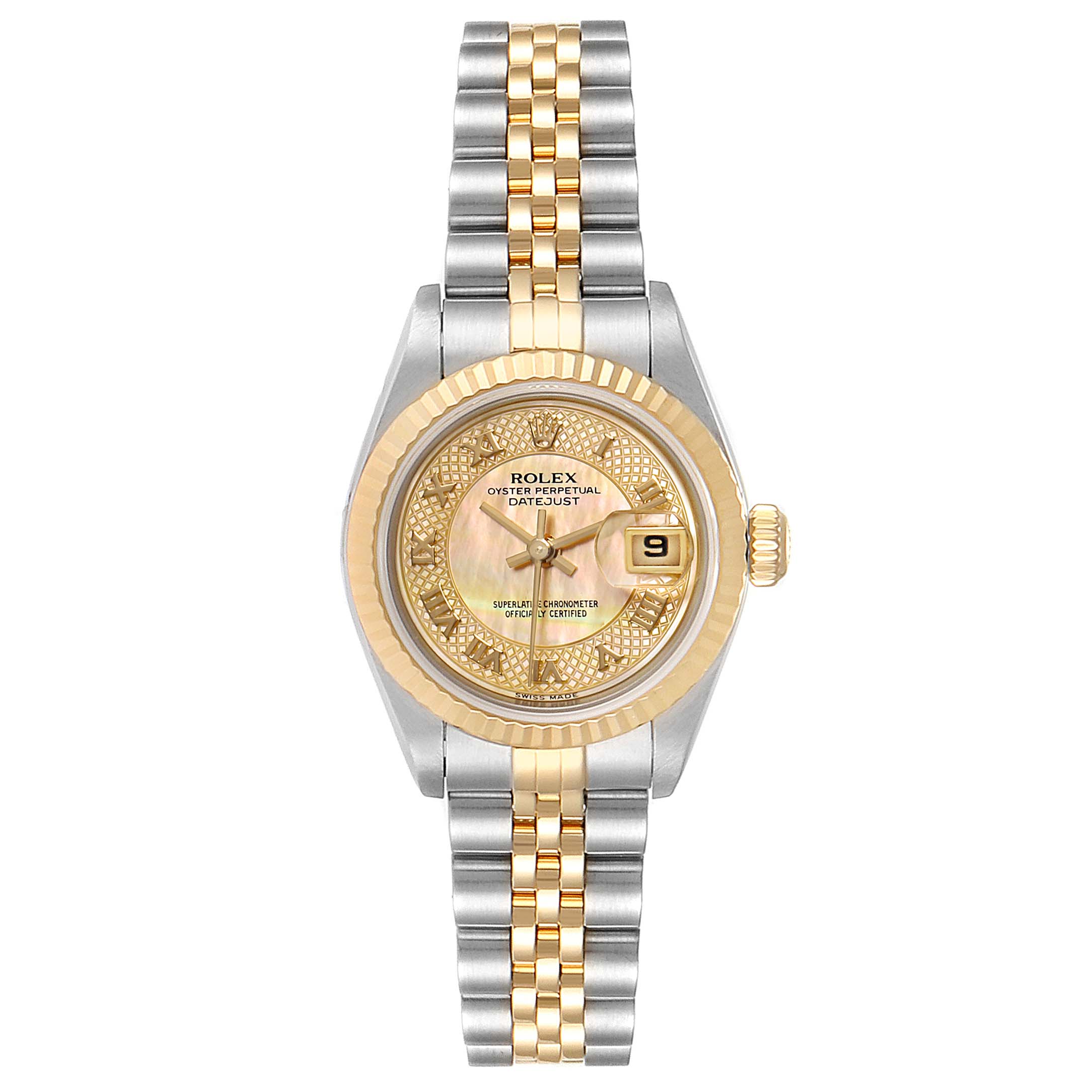 This image shows a front view of a Rolex Datejust 79173 Women's Steel and Gold (two tone) Mother of Pearl Dial 79173 Women's Steel and Gold (two tone) Mother of Pearl Dial watch, displaying the dial, bezel, and two-tone jubilee bracelet.