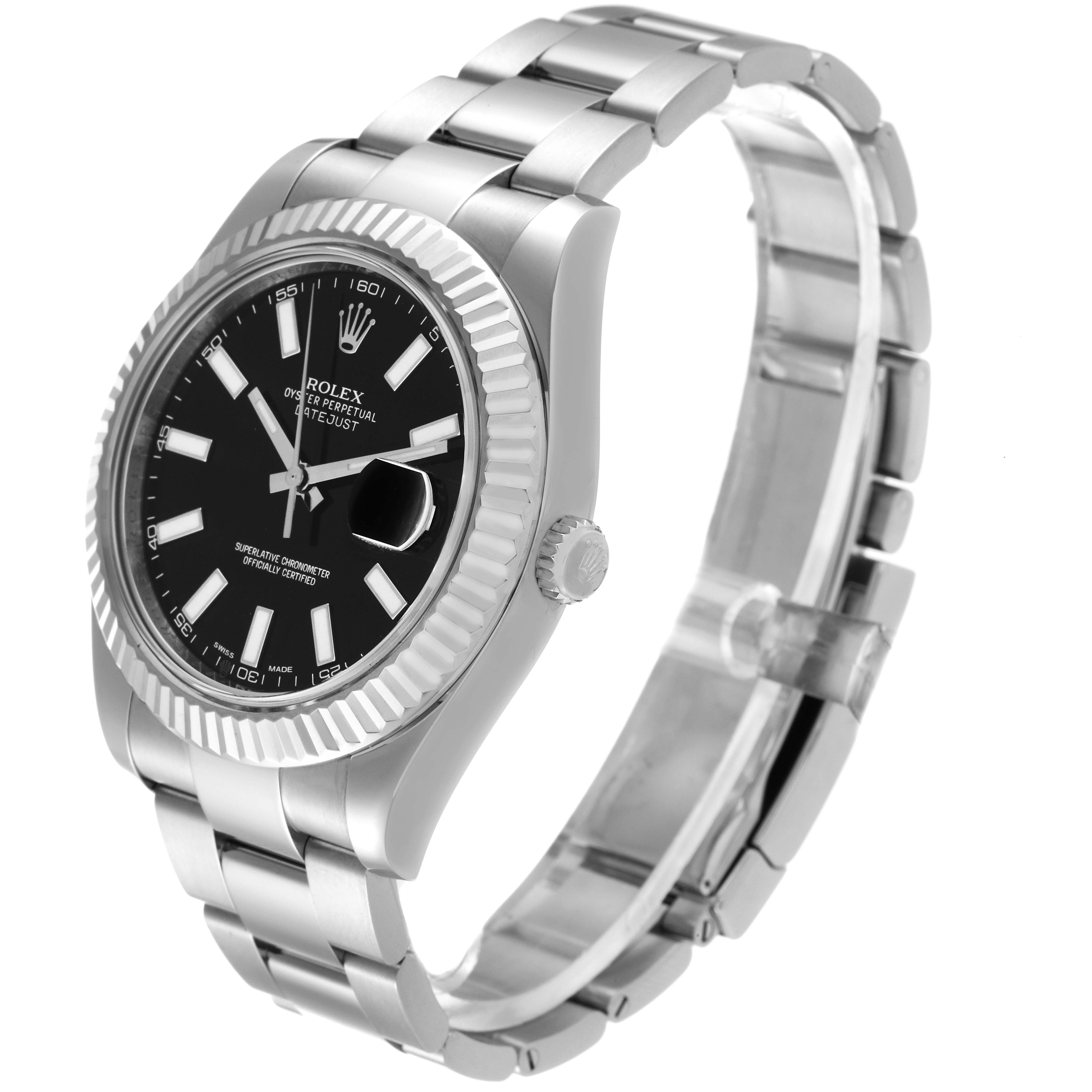 This image shows a Rolex Datejust 41 116334 Men's Stainless Steel Black Dial 116334 Men's Stainless Steel Black Dial watch at a three-quarter angle, highlighting the dial, bezel, crown, and bracelet.