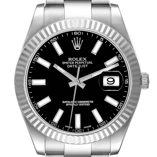 The image shows a front view of the Rolex Datejust 41, focusing on the dial, bezel, and part of the bracelet.