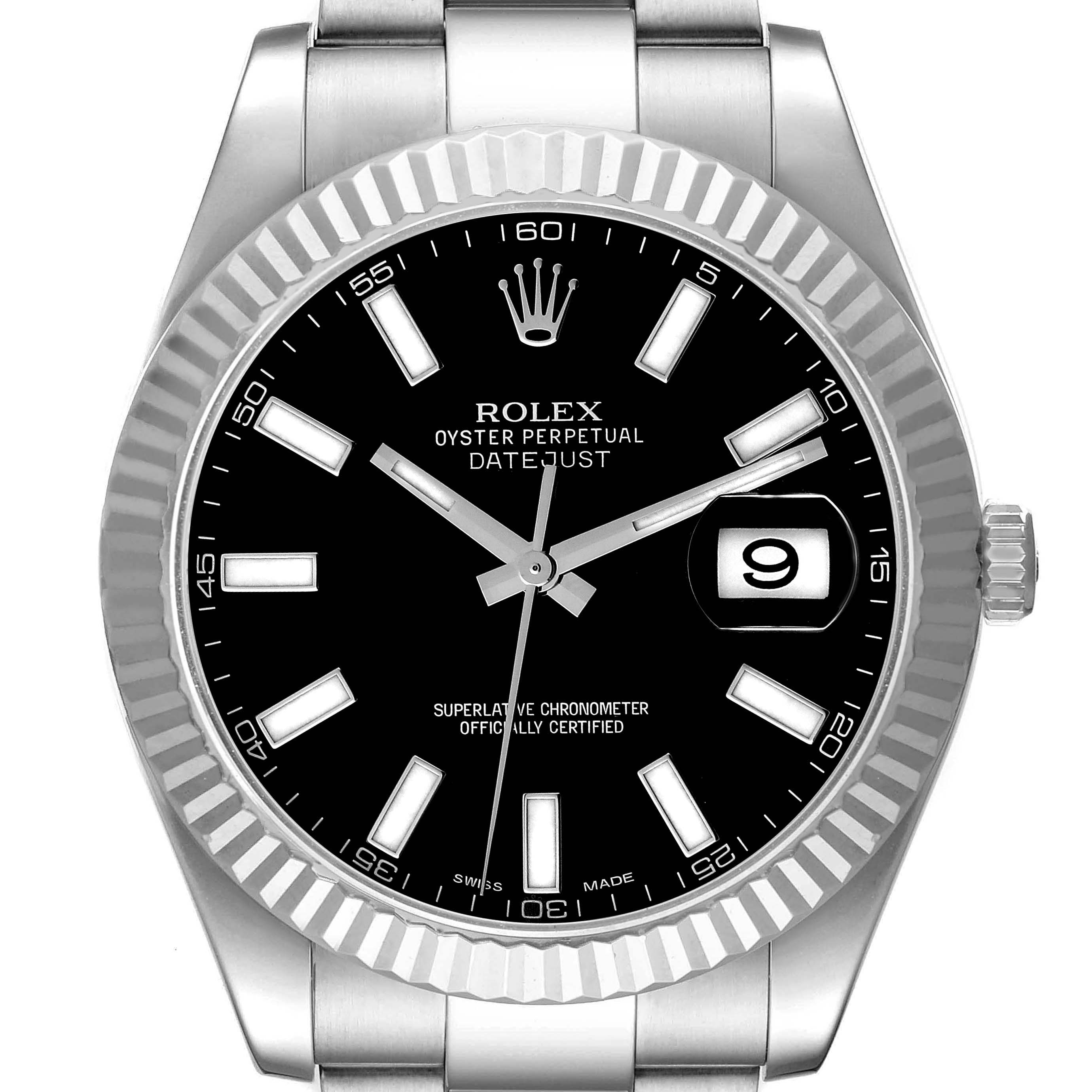 The image shows a front view of the Rolex Datejust 41 116334 Men's Stainless Steel Black Dial 116334 Men's Stainless Steel Black Dial, featuring its dial, hands, date window, and part of the bracelet.