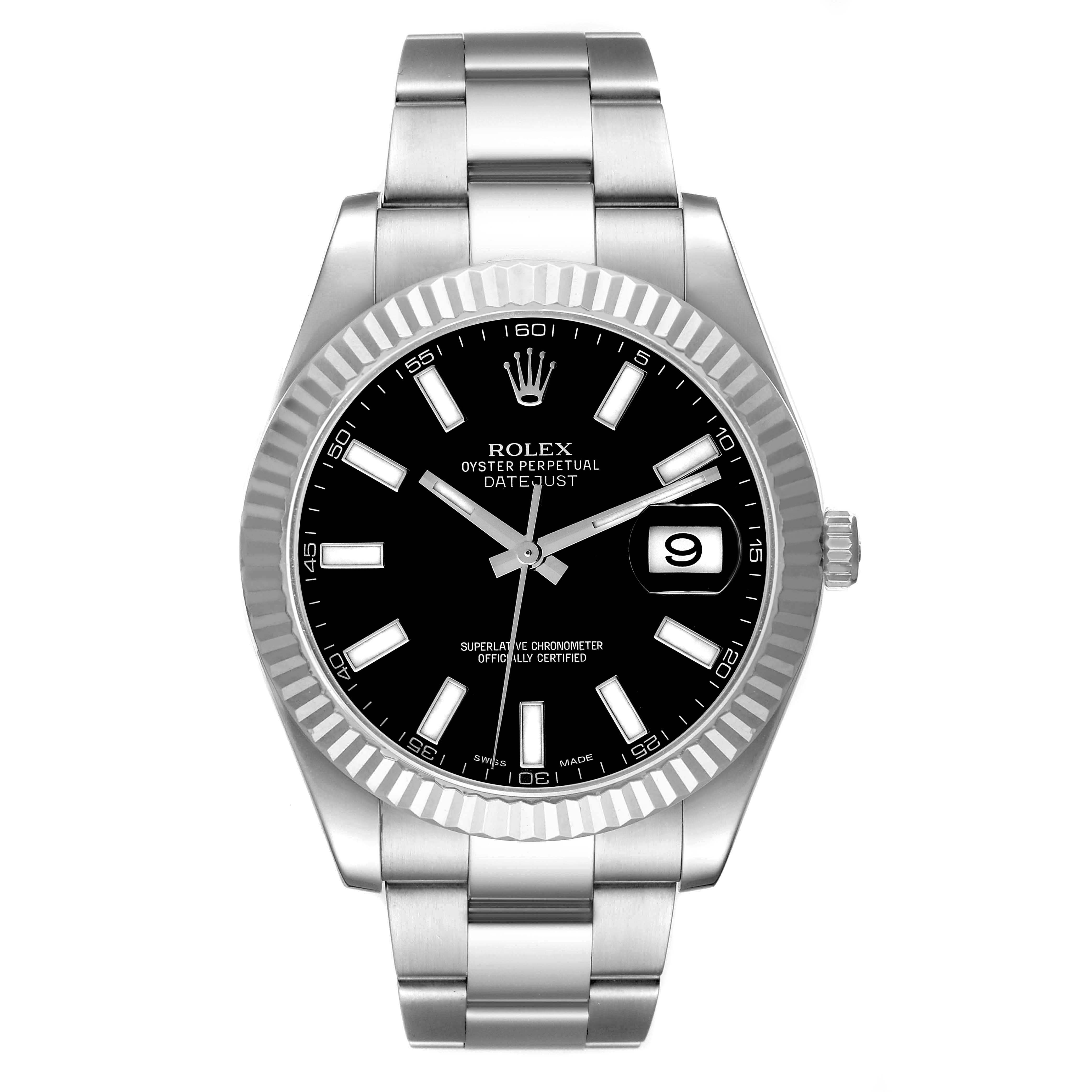 The Rolex Datejust 41 116334 Men's Stainless Steel Black Dial 116334 Men's Stainless Steel Black Dial watch is shown from a front view, highlighting its black dial, date display, fluted bezel, and metal bracelet.