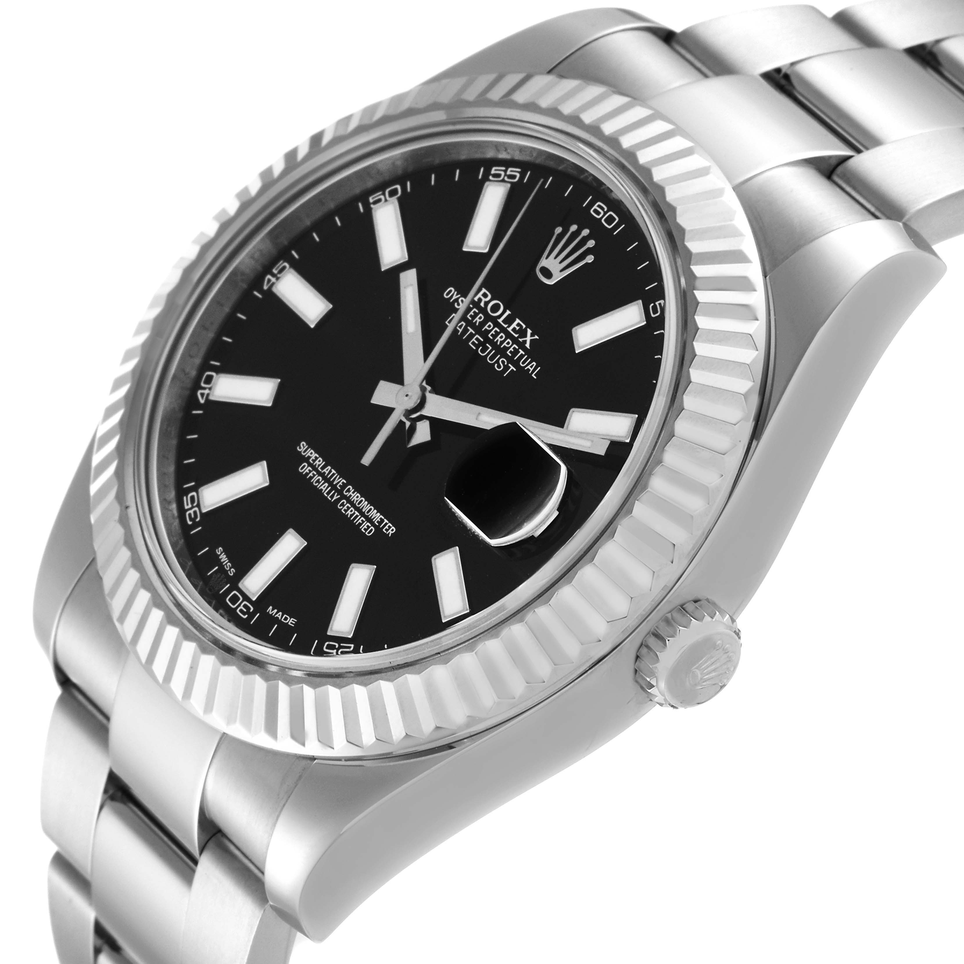The image shows a Rolex Datejust 41 116334 Men's Stainless Steel Black Dial 116334 Men's Stainless Steel Black Dial watch from an oblique angle, highlighting its bezel, crown, and part of the bracelet.