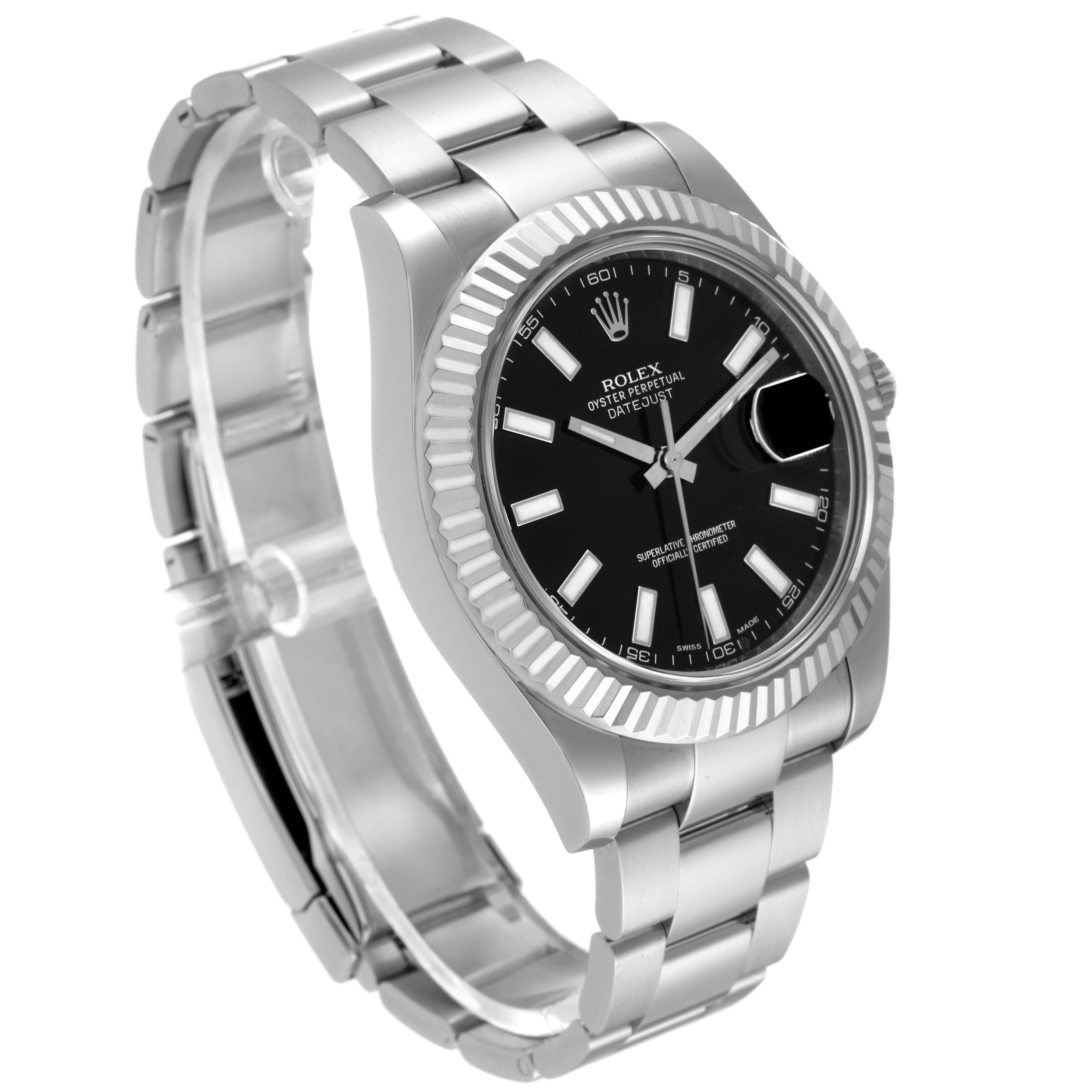 The Rolex Datejust 41 116334 Men's Stainless Steel Black Dial 116334 Men's Stainless Steel Black Dial model is shown at a slight angle, highlighting the face, bezel, and part of the bracelet.