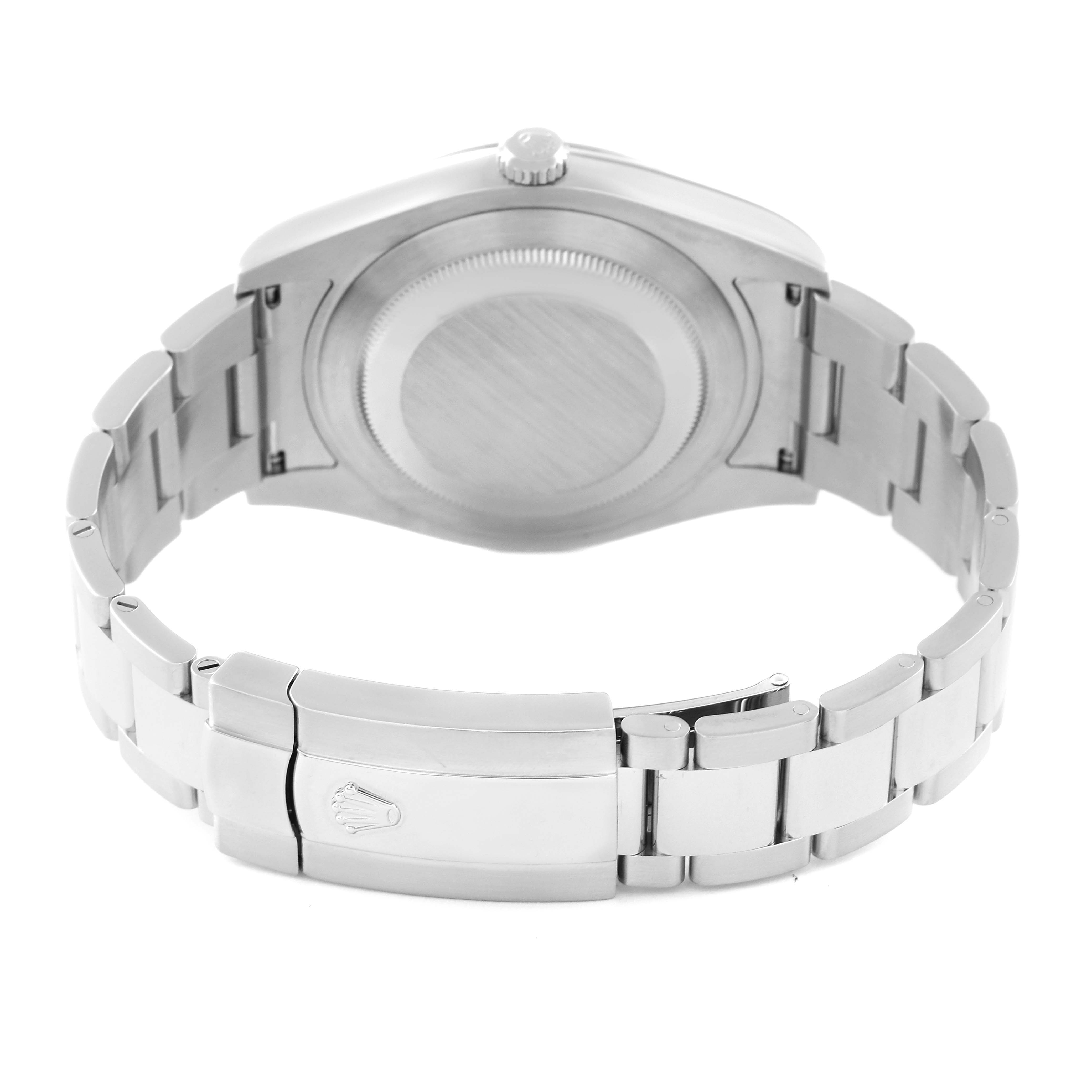 The image shows the back view of the Rolex Datejust 41 116334 Men's Stainless Steel Black Dial 116334 Men's Stainless Steel Black Dial watch, highlighting the case back, bracelet, and clasp.