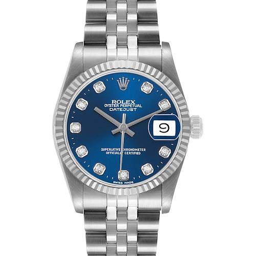 The Rolex Datejust 68274 Women's Stainless Steel Blue Dial watch is shown from the front, highlighting its blue dial, date window, and Jubilee bracelet.