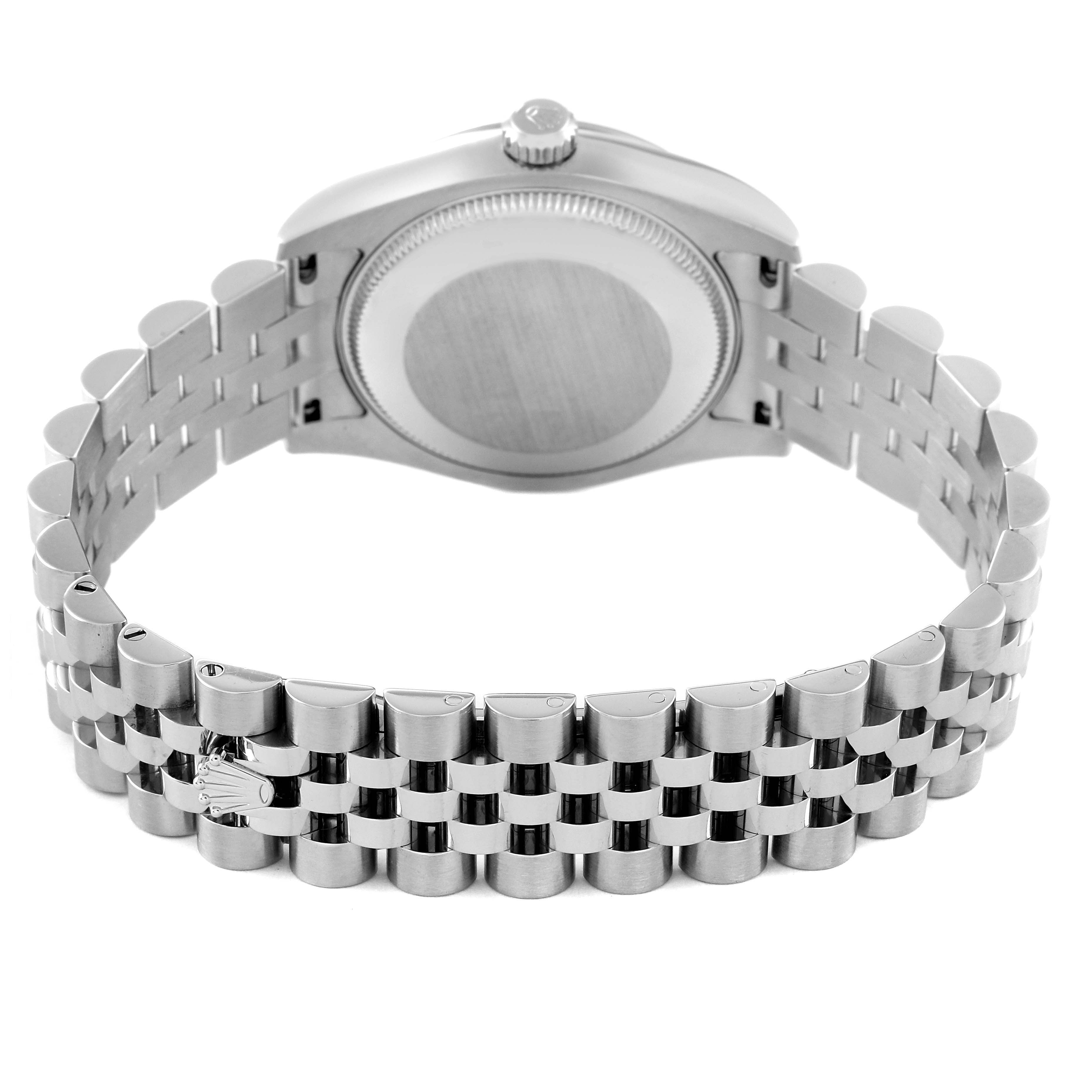 The image shows the back view of a Mid-Size Rolex watch, highlighting the case back and bracelet.