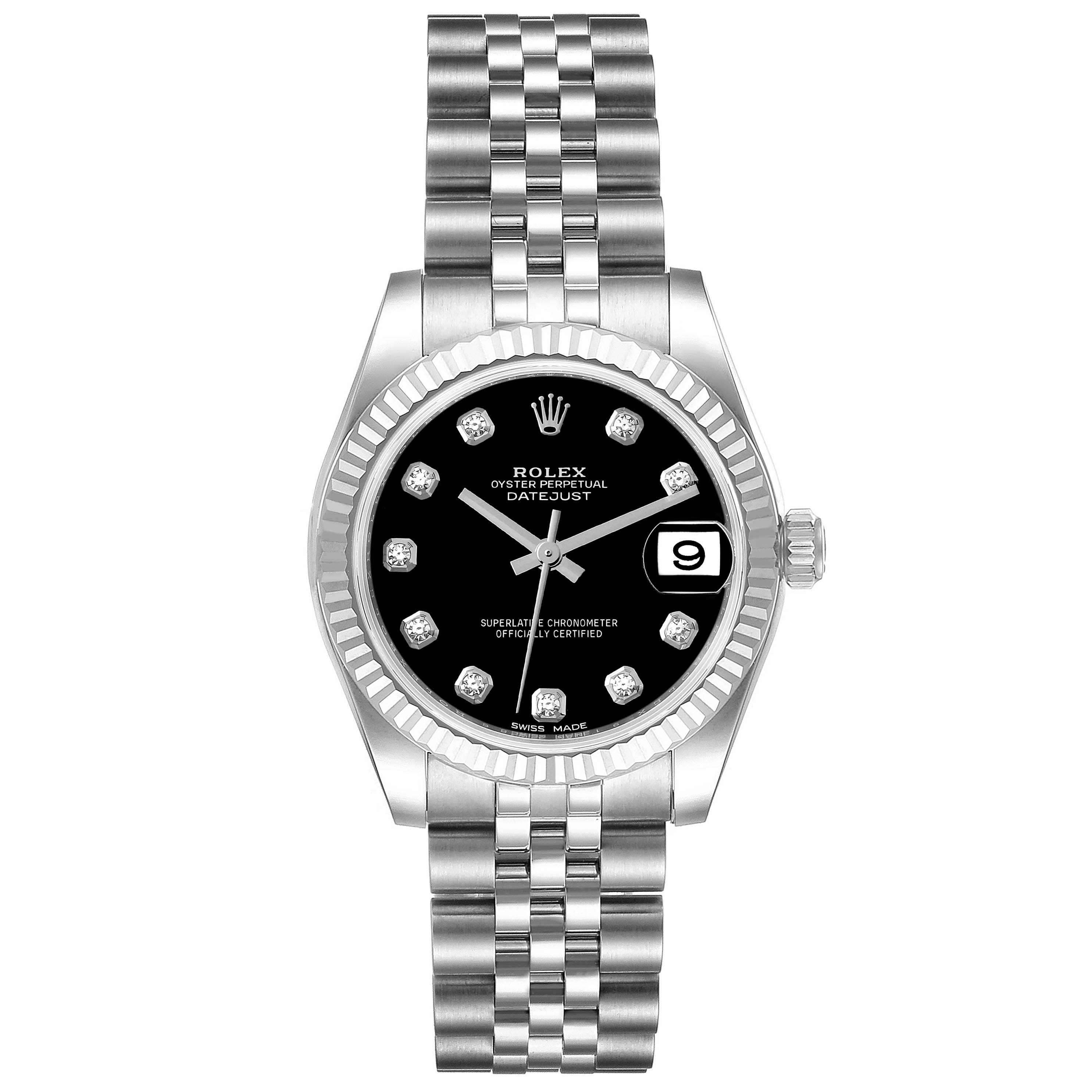 This image shows a front view of the Rolex Mid-Size 178274 Women
s Stainless Steel Black Dial 178274 Women
s Stainless Steel Black Dial Datejust watch, displaying the dial, bezel, and bracelet.