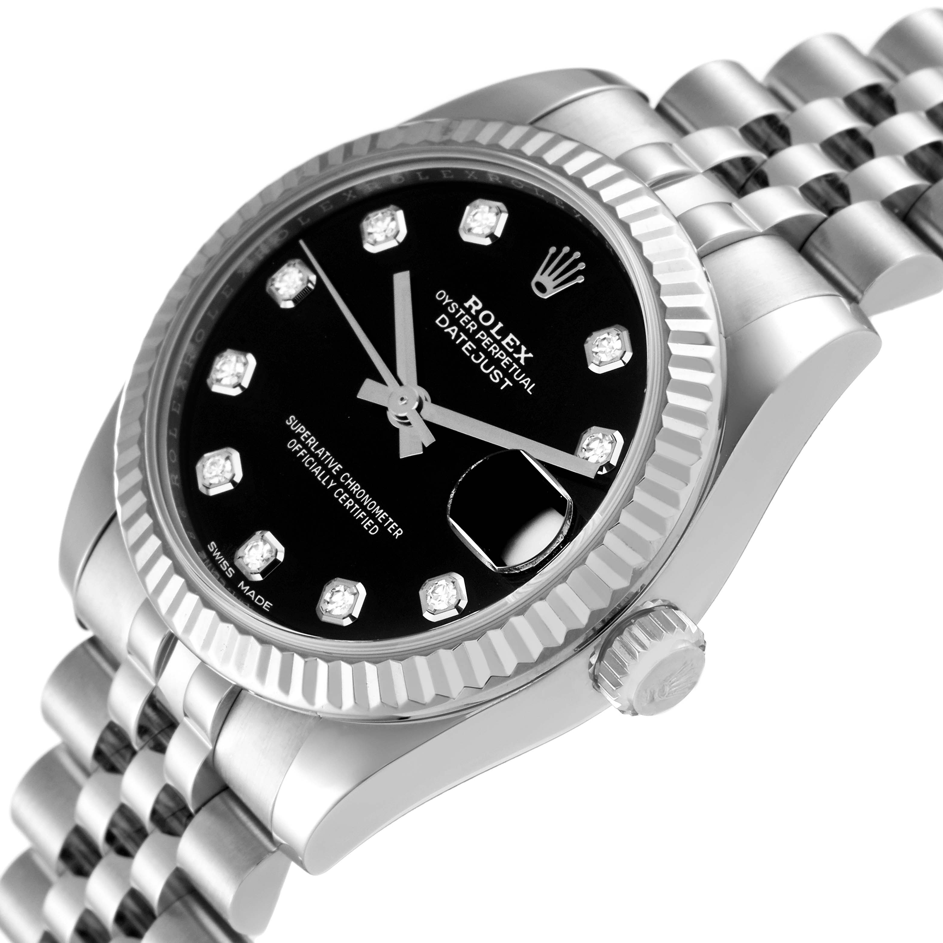 The image shows a close-up angled view of the Rolex Oyster Perpetual Datejust Mid-Size watch, highlighting the dial, bezel, and part of the bracelet.