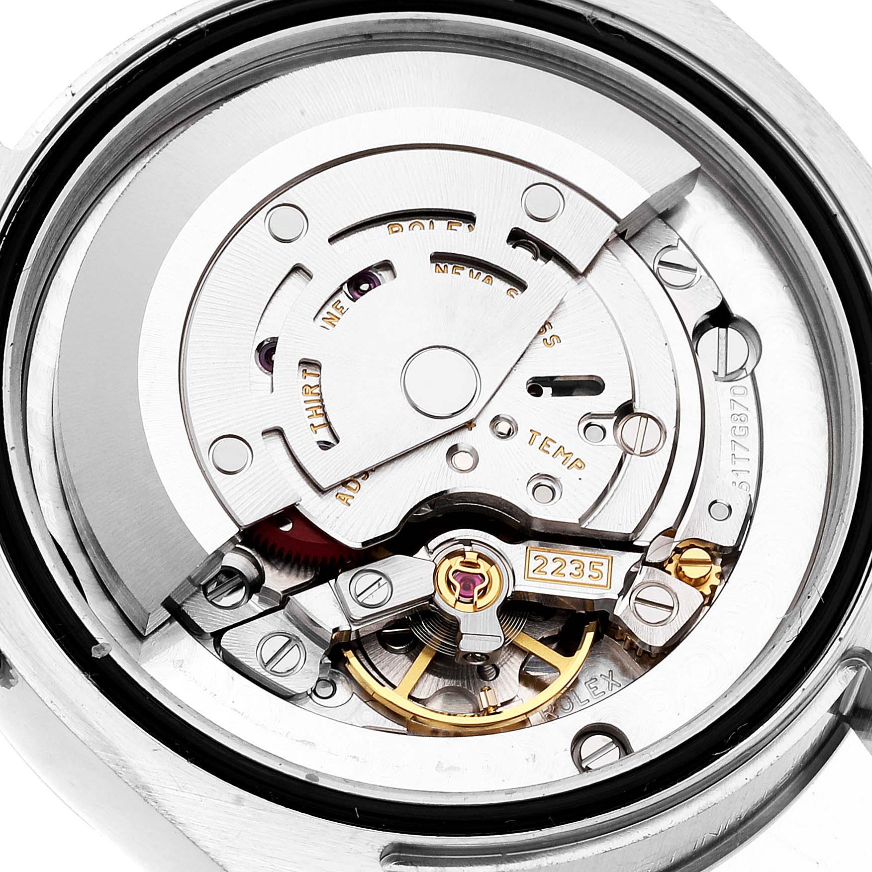 The image shows the intricate internal mechanism of a Rolex Mid-Size 178274 Women
s Stainless Steel Black Dial 178274 Women
s Stainless Steel Black Dial model watch taken from the back.