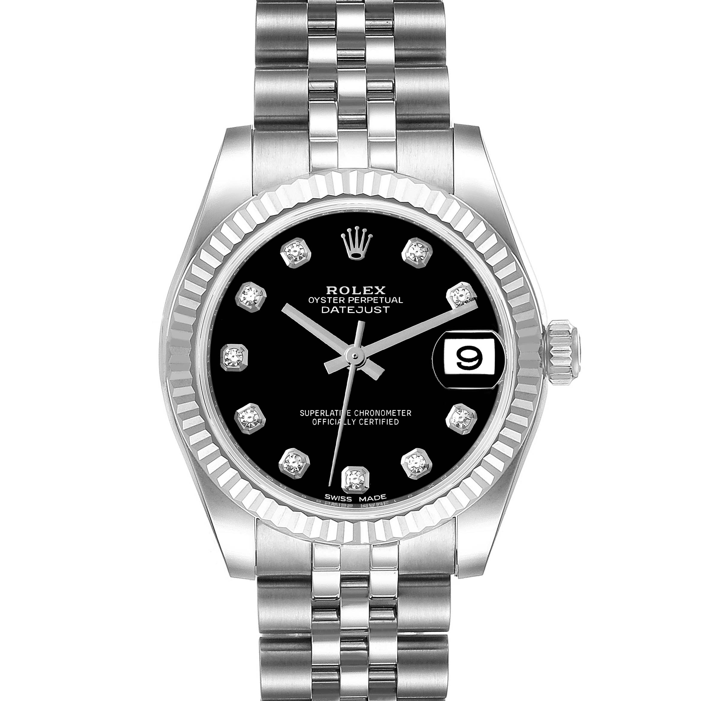 This image shows a front view of the Rolex Datejust Mid-Size model, highlighting its black dial, diamond hour markers, and jubilee bracelet.