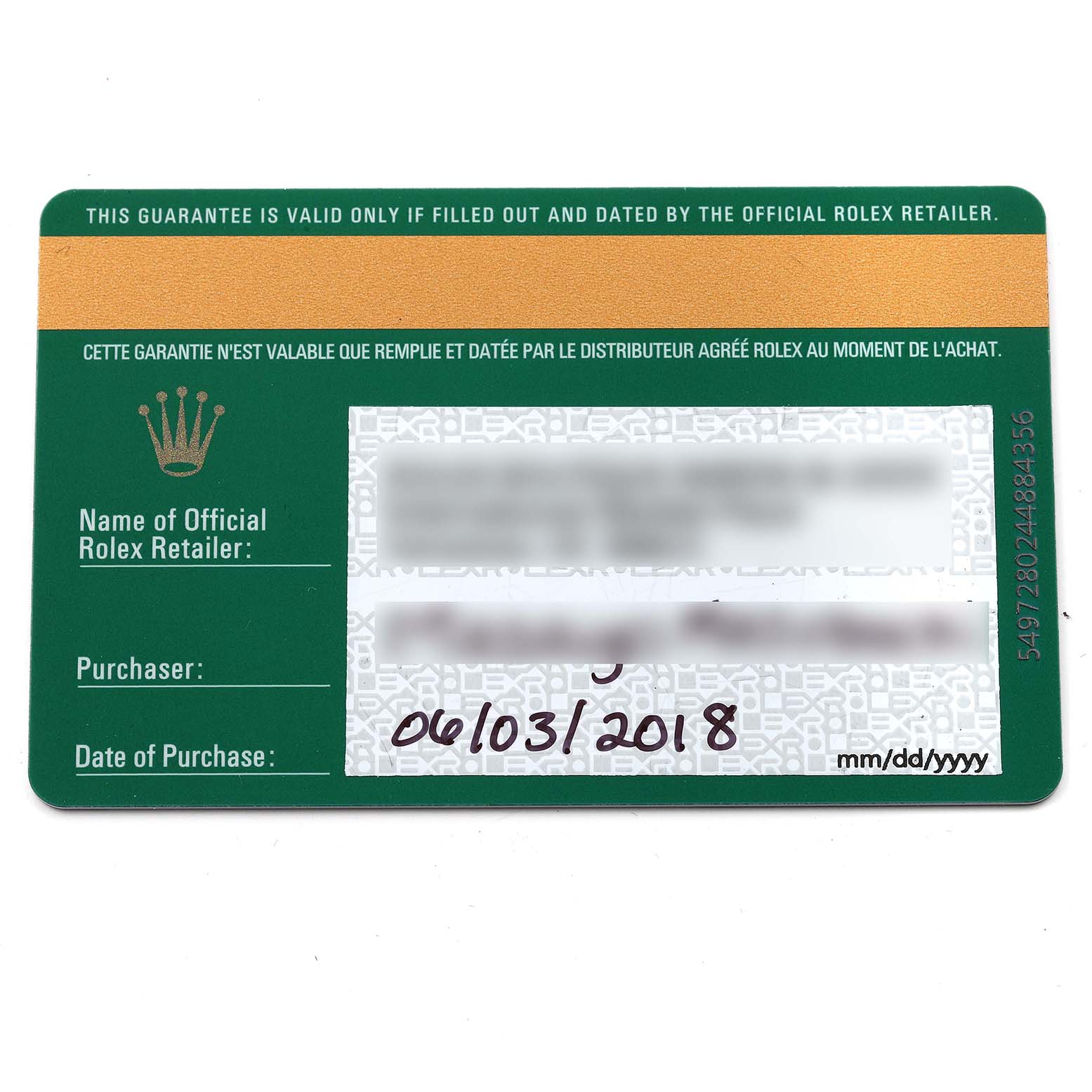 This image shows a Rolex guarantee card for a Mid-Size model, detailing retail and purchase information.