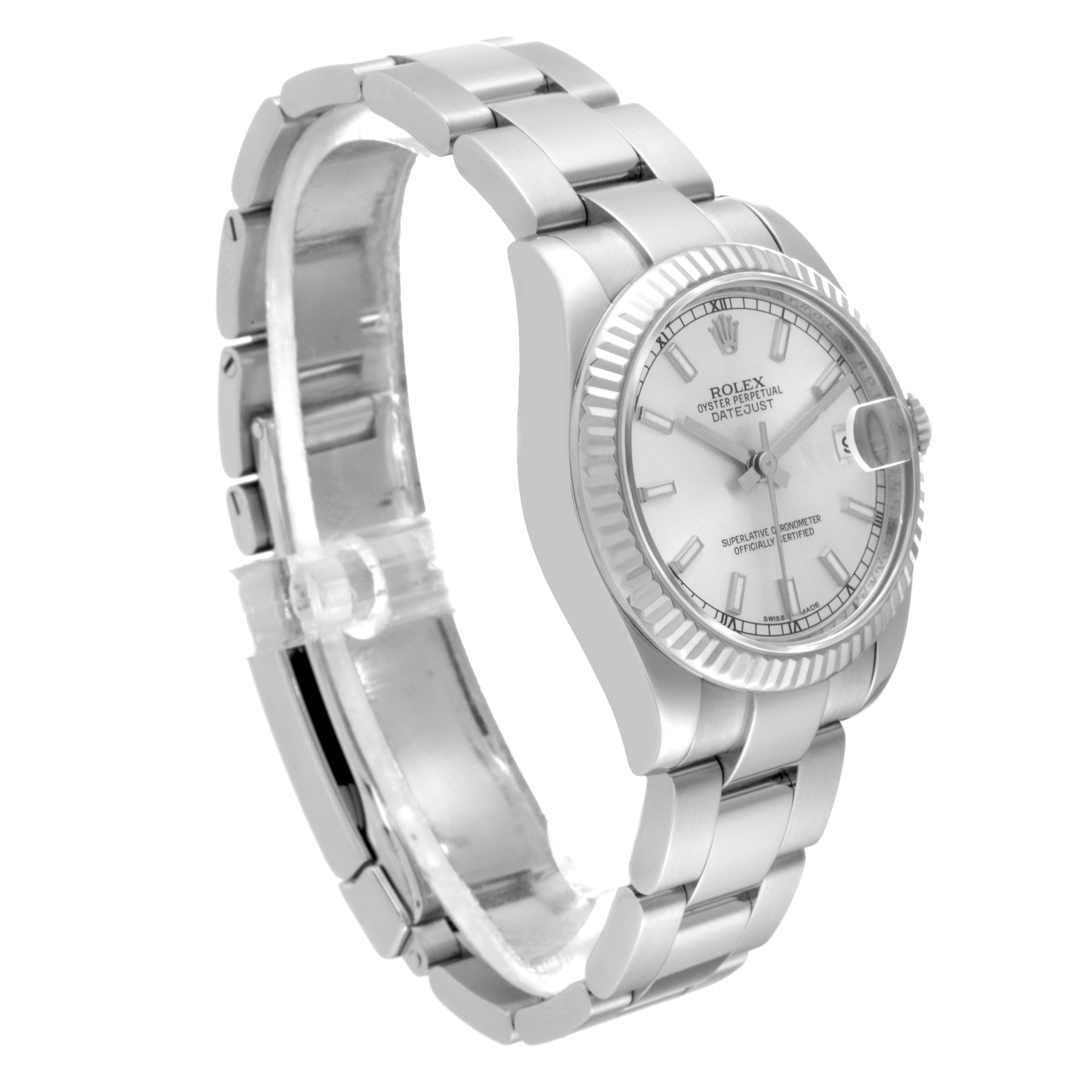 The image shows a Rolex Oyster Perpetual Datejust Mid-Size watch at a three-quarter angle, highlighting the bracelet, dial, and bezel.