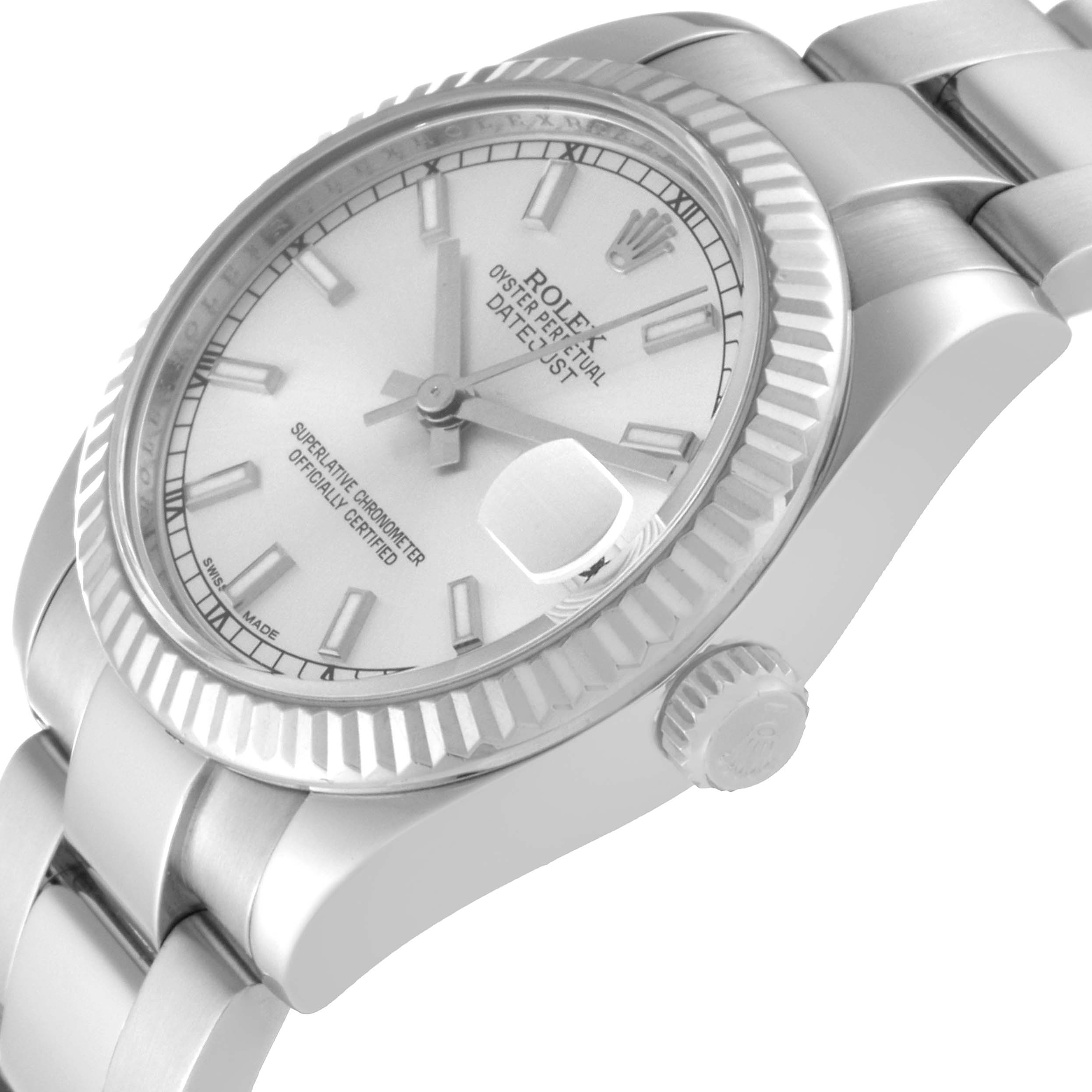The image shows a Rolex Mid-Size 178274 Women
s Stainless Steel Silver Dial 178274 Women
s Stainless Steel Silver Dial Datejust watch from a three-quarter angle highlighting the face, bezel, crown, and part of the bracelet.