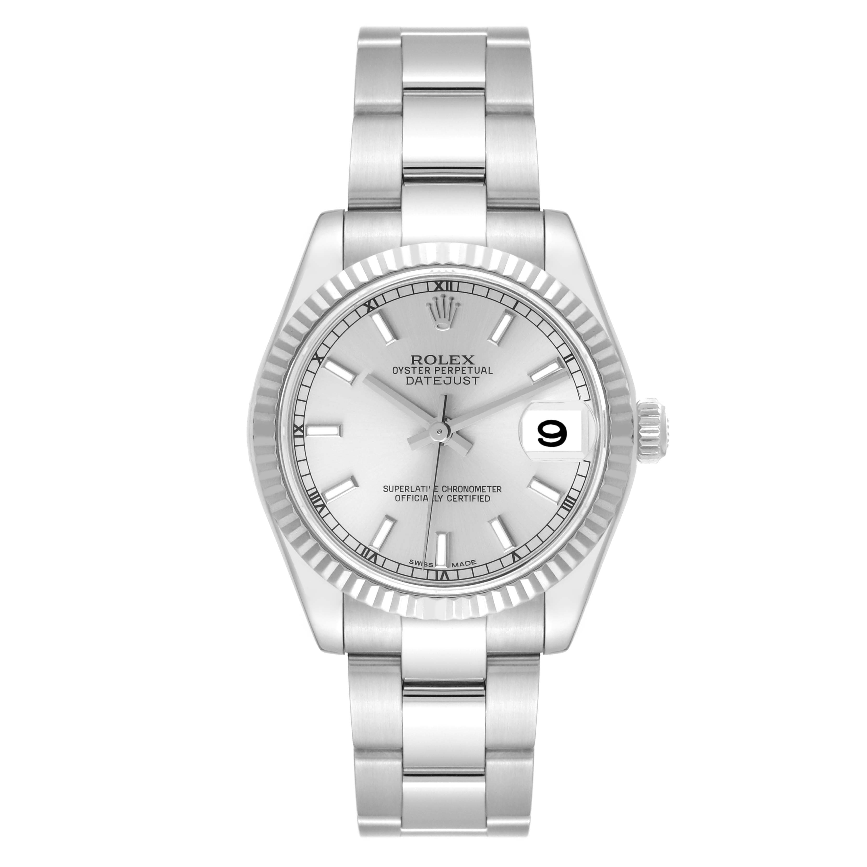 The image shows a frontal view of a Rolex Mid-Size 178274 Women
s Stainless Steel Silver Dial 178274 Women
s Stainless Steel Silver Dial Oyster Perpetual Datejust watch, displaying its face and bracelet.