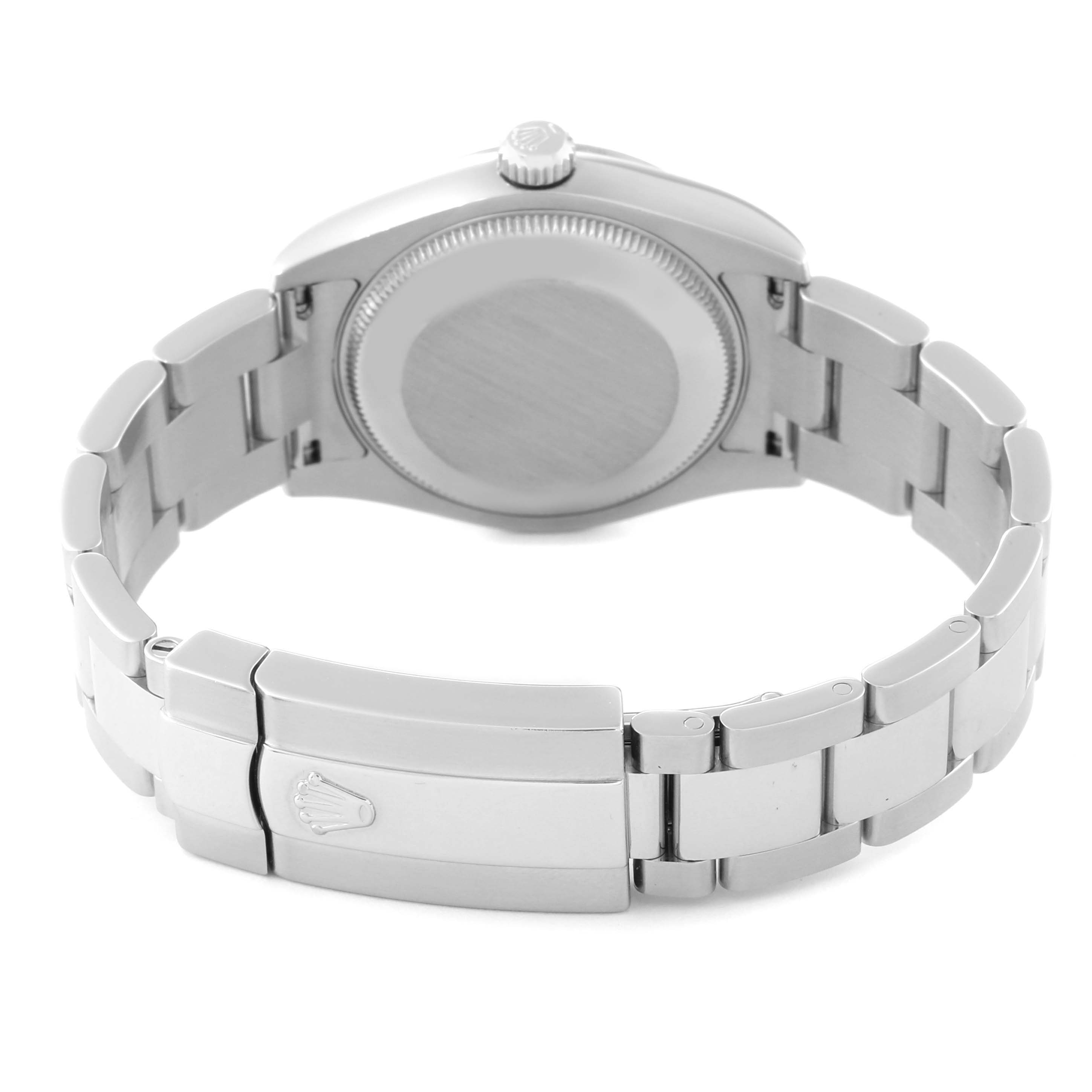 This image shows the back view of a Rolex Mid-Size 178274 Women
s Stainless Steel Silver Dial 178274 Women
s Stainless Steel Silver Dial watch featuring the bracelet and clasp.