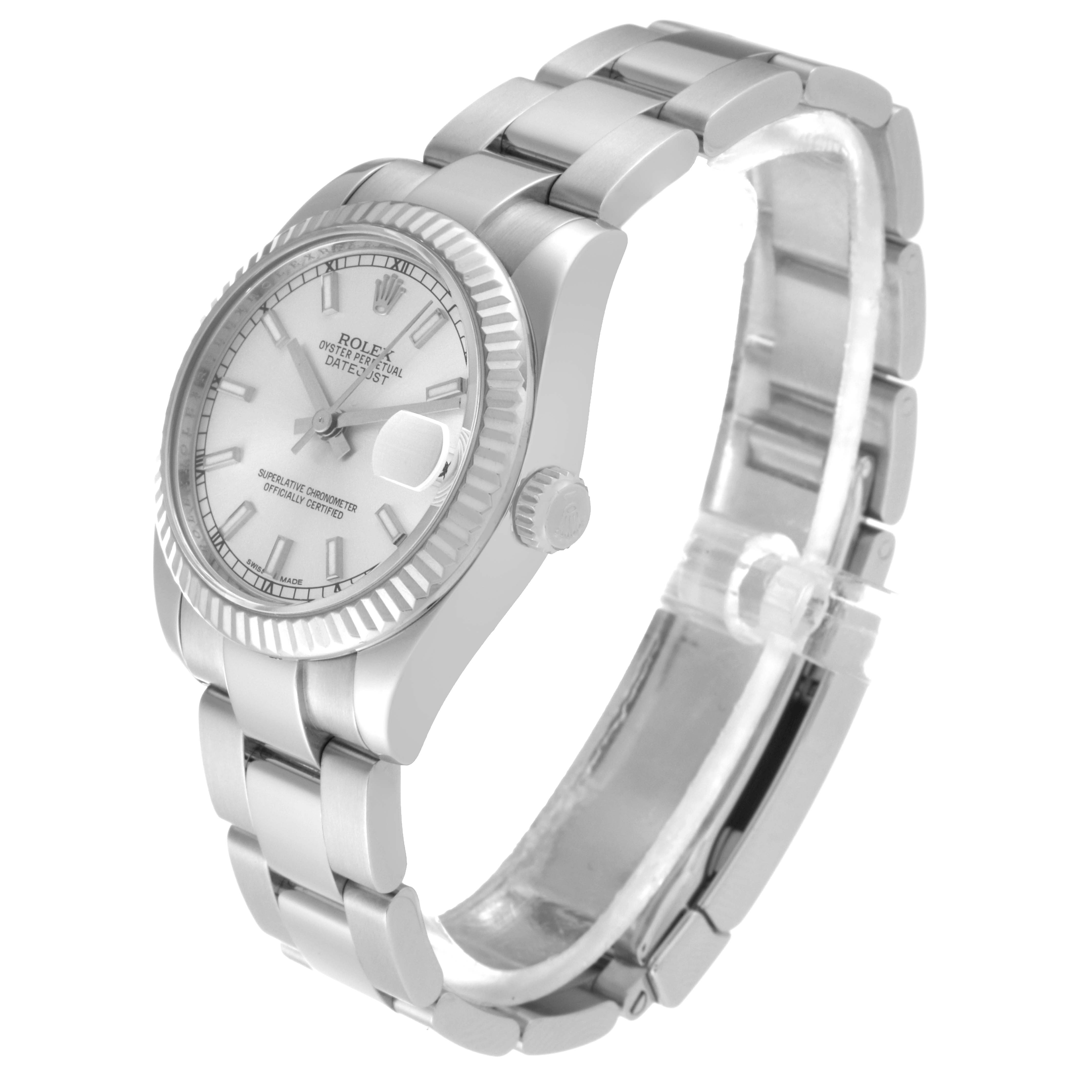 The Rolex Mid-Size 178274 Women
s Stainless Steel Silver Dial 178274 Women
s Stainless Steel Silver Dial model watch is shown at an angle displaying the face, crown, bracelet, and clasp.
