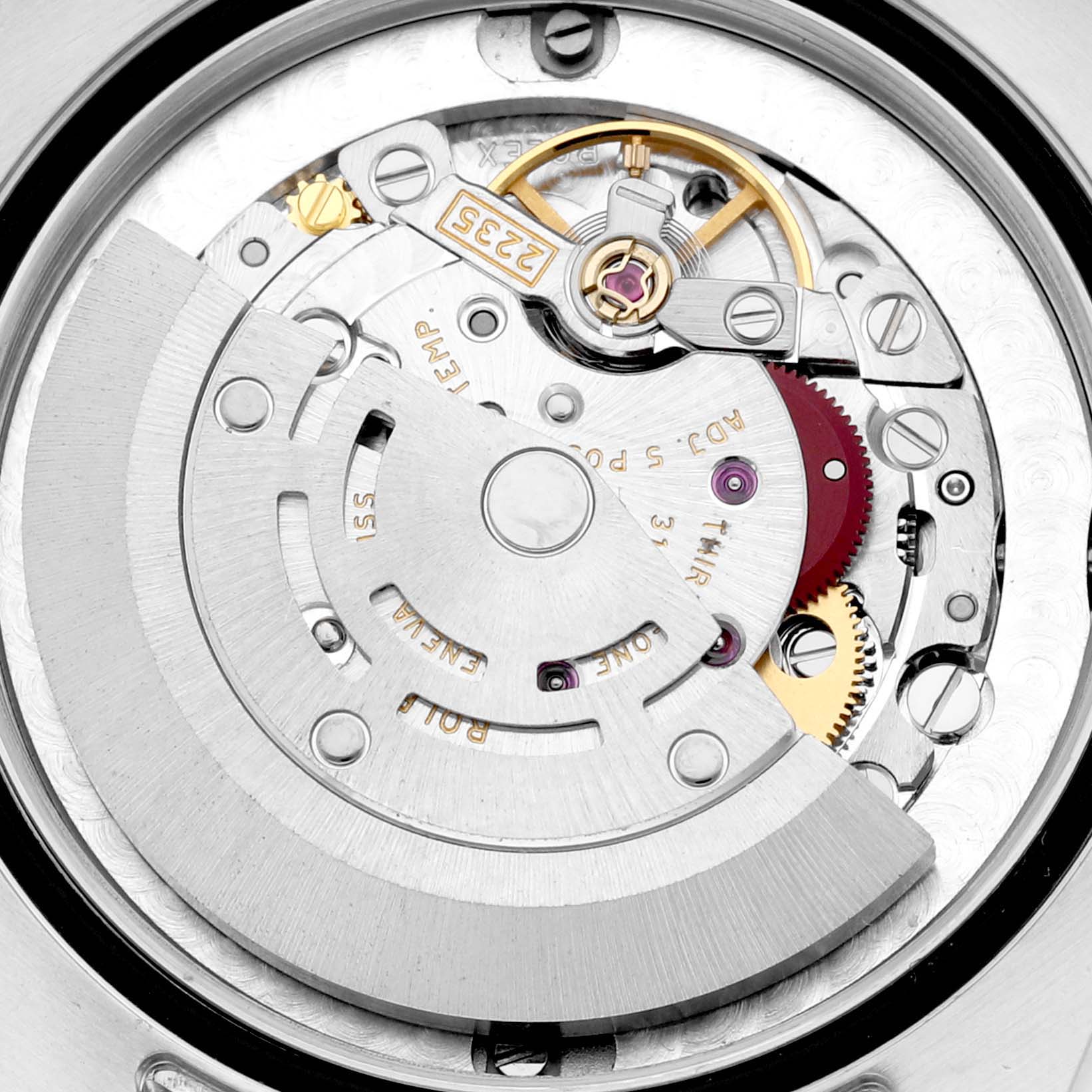 The image shows the internal mechanical movement of a Rolex Mid-Size 178274 Women
s Stainless Steel Silver Dial 178274 Women
s Stainless Steel Silver Dial watch, viewed from the back.
