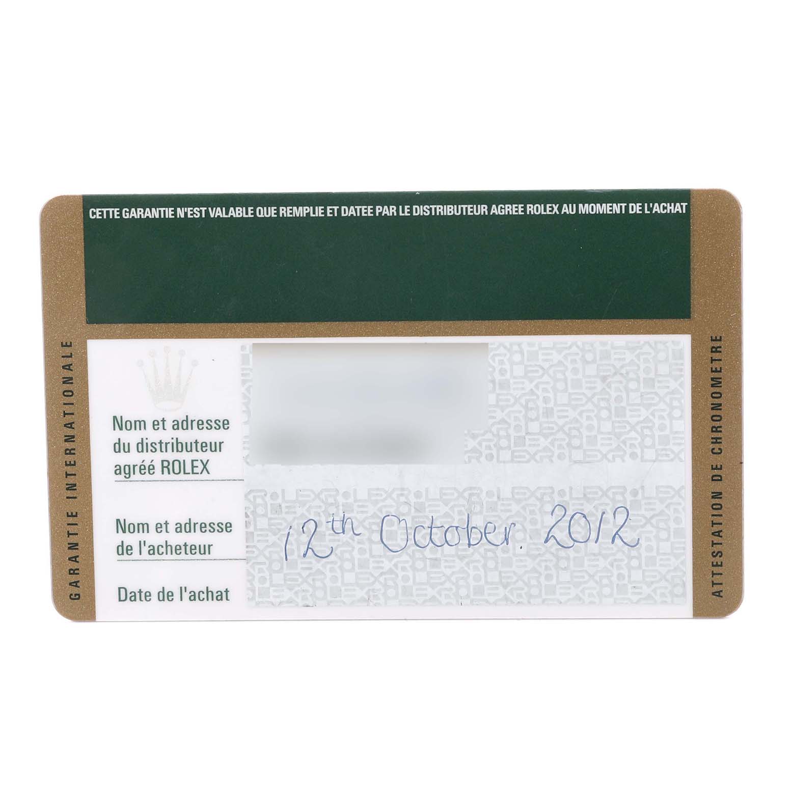 The image shows a warranty card for the Mid-Size Rolex watch, detailing the purchase date and distributor information.