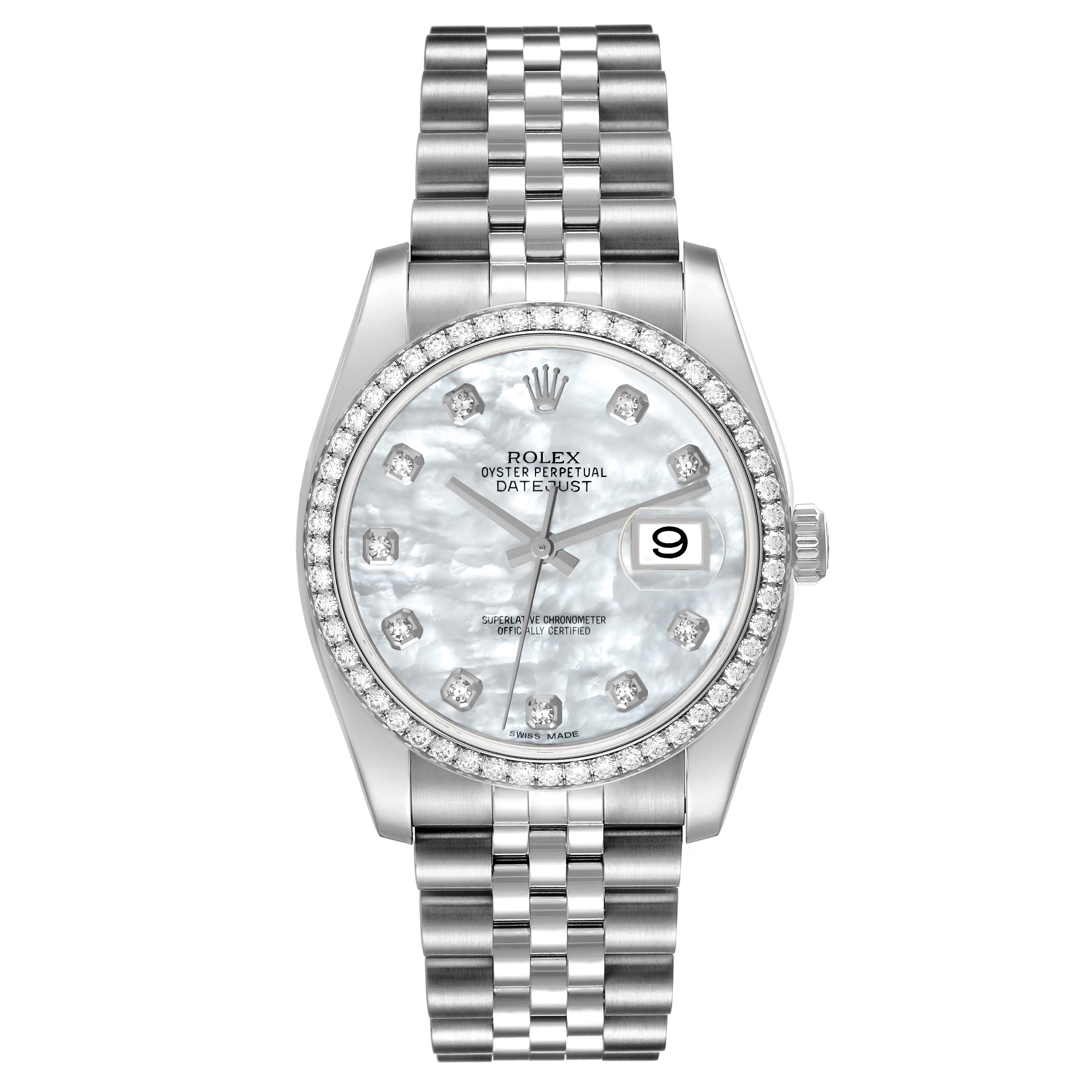 The Rolex Datejust 116244 Men's Stainless Steel Mother of Pearl Dial 116244 Men's Stainless Steel Mother of Pearl Dial watch is shown from a front view, displaying its face, bezel, and bracelet.