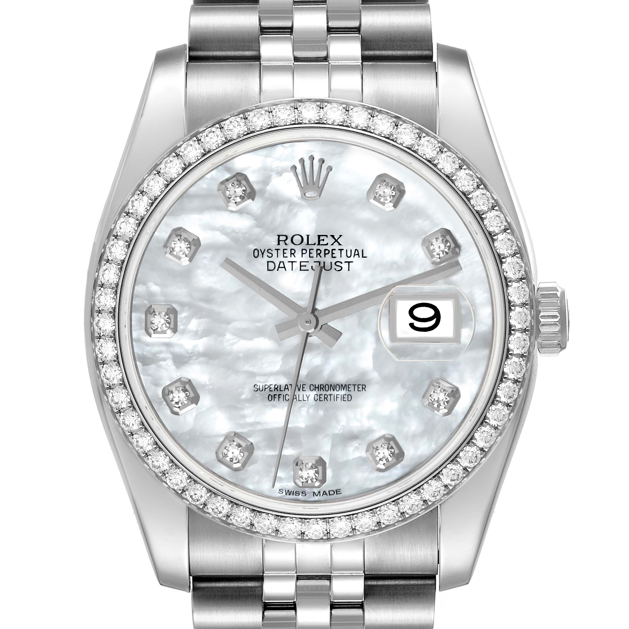 This image shows a front view of a Rolex Datejust 116244 Men's Stainless Steel Mother of Pearl Dial 116244 Men's Stainless Steel Mother of Pearl Dial model watch, featuring its dial, bezel, and part of the bracelet.