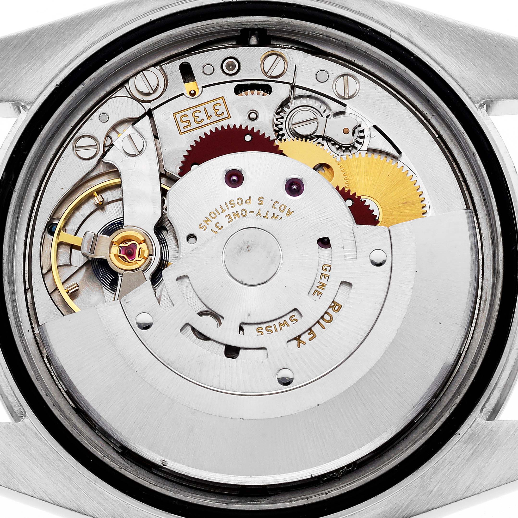 This image shows the inner movement mechanism of a Rolex Datejust 116244 Men's Stainless Steel Mother of Pearl Dial 116244 Men's Stainless Steel Mother of Pearl Dial watch from a top-down angle.