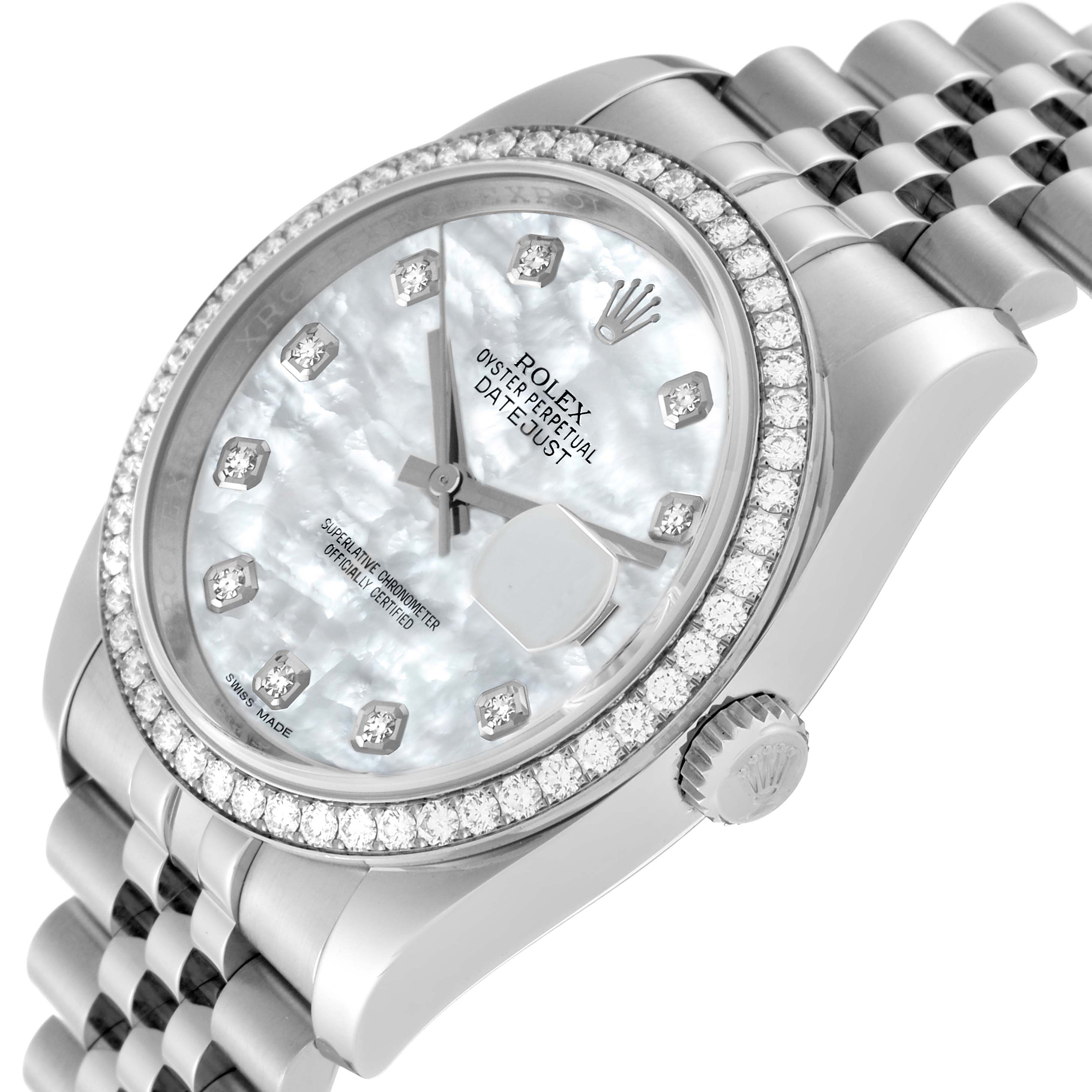 The Rolex Datejust 116244 Men's Stainless Steel Mother of Pearl Dial 116244 Men's Stainless Steel Mother of Pearl Dial watch is shown from a high angle, highlighting its dial, bezel, crown, and bracelet.