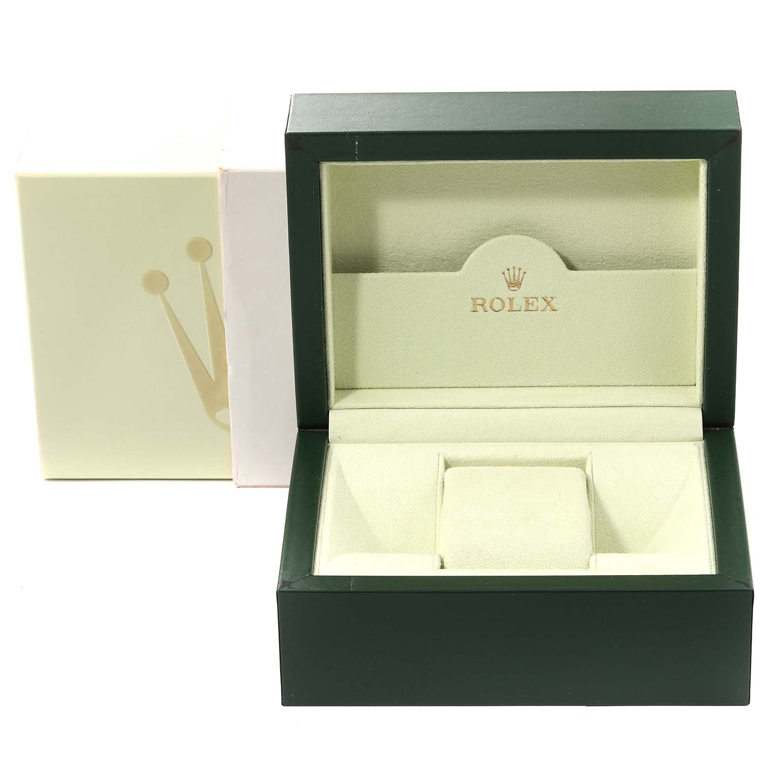 The image shows an empty Rolex Datejust 116244 Men's Stainless Steel Mother of Pearl Dial 116244 Men's Stainless Steel Mother of Pearl Dial watch box and its outer box, photographed from the front.