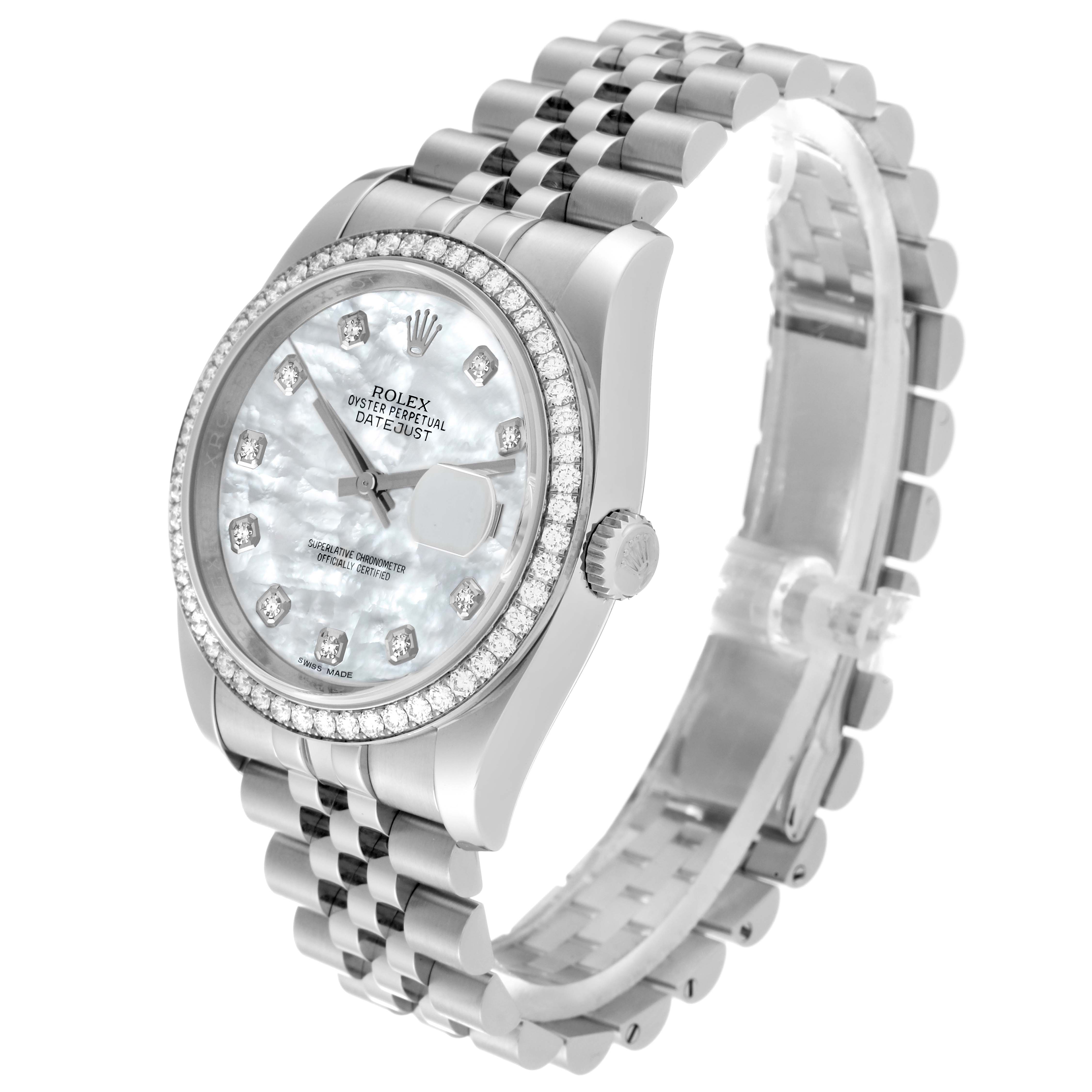 The image shows a diagonal view of the face, bezel, crown, and bracelet of a Rolex Datejust 116244 Men's Stainless Steel Mother of Pearl Dial 116244 Men's Stainless Steel Mother of Pearl Dial watch.