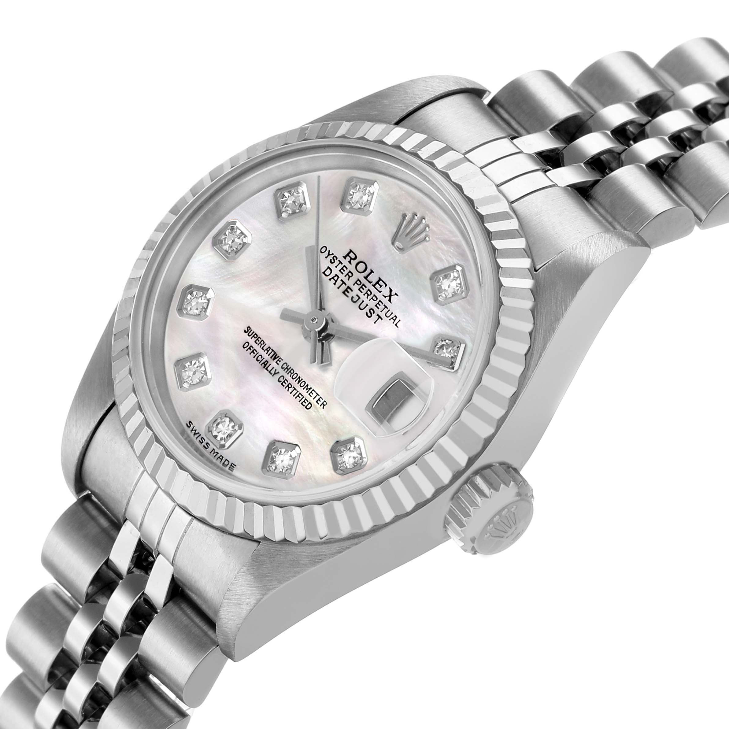 The Rolex Datejust 79174 Women's Stainless Steel Mother of Pearl Dial is shown at an angled view highlighting the face, diamond markers, bezel, crown, and part of the jubilee bracelet.