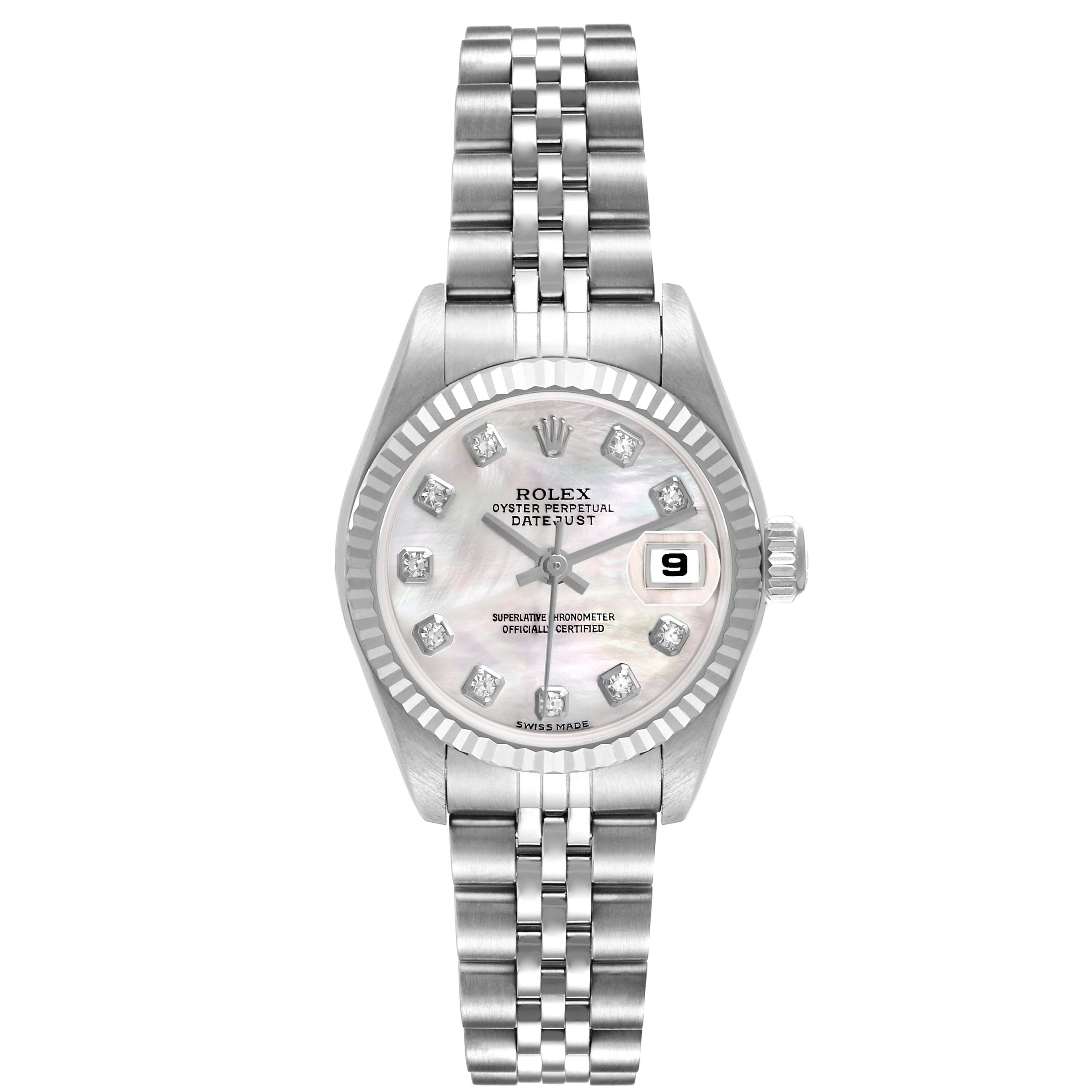 The image shows a Rolex Datejust 79174 Women's Stainless Steel Mother of Pearl Dial watch from a top view, featuring its dial, bezel, and Jubilee bracelet.