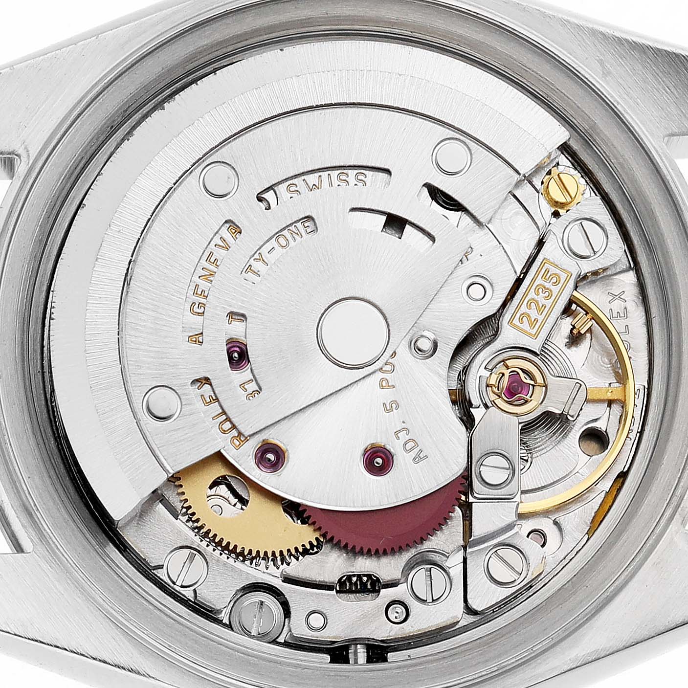 The image shows the inner mechanics of a Rolex Datejust 79174 Women's Stainless Steel Mother of Pearl Dial watch at a close-up angle, focusing on the movement parts.