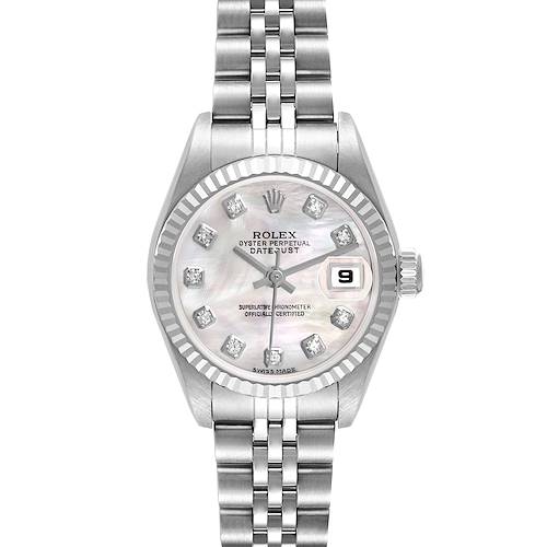 The Rolex Datejust 79174 Women's Stainless Steel Mother of Pearl Dial is shown from a front angle, displaying its dial, bezel, and bracelet.