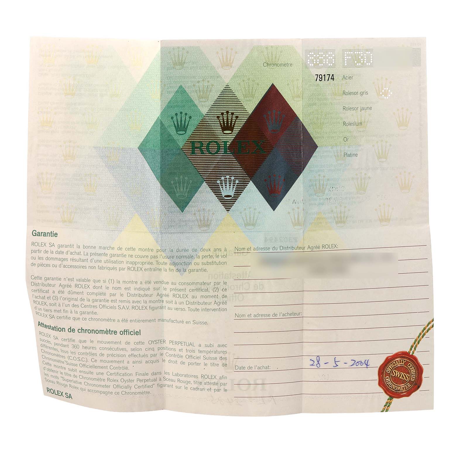 The image shows a warranty certificate for a Rolex Datejust 79174 Women's Stainless Steel Mother of Pearl Dial, featuring text and the Rolex logo.