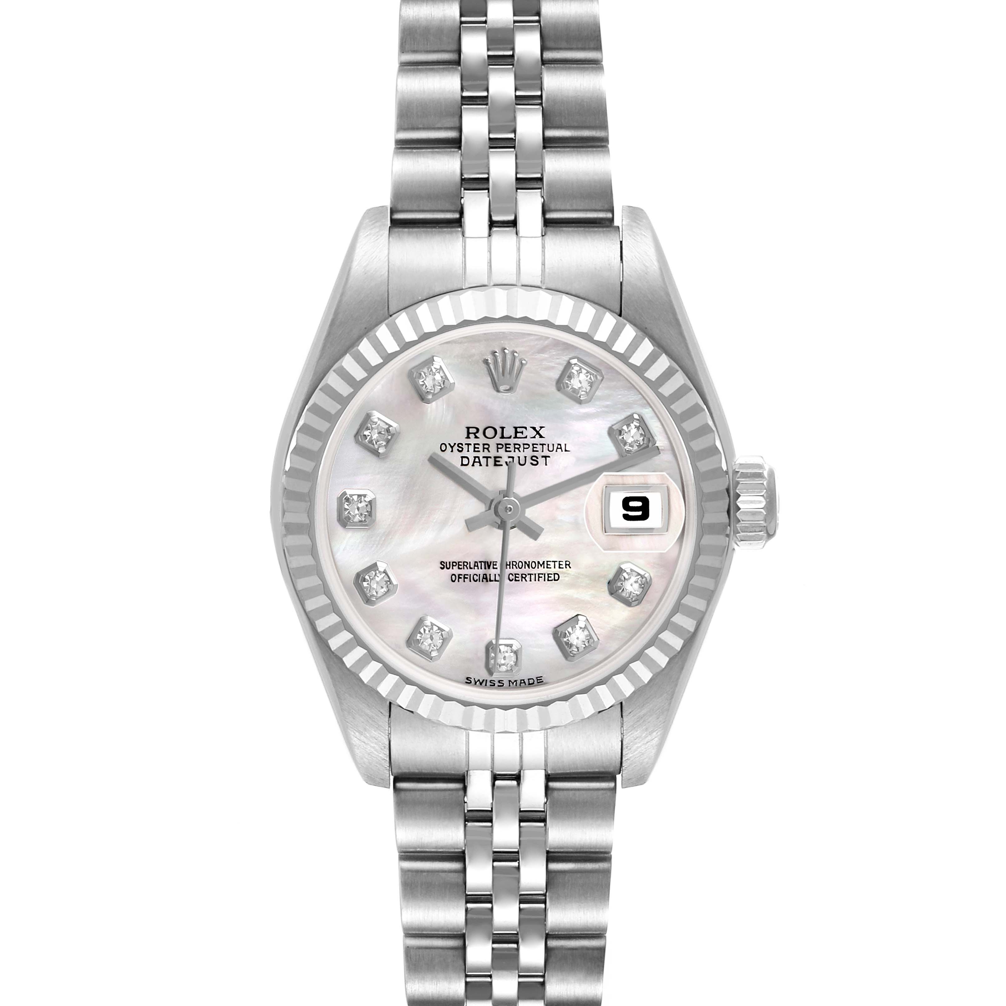 The image shows a Rolex Datejust 79174 Women's Stainless Steel Mother of Pearl Dial watch from a top-down angle, highlighting the dial, bezel, and bracelet.