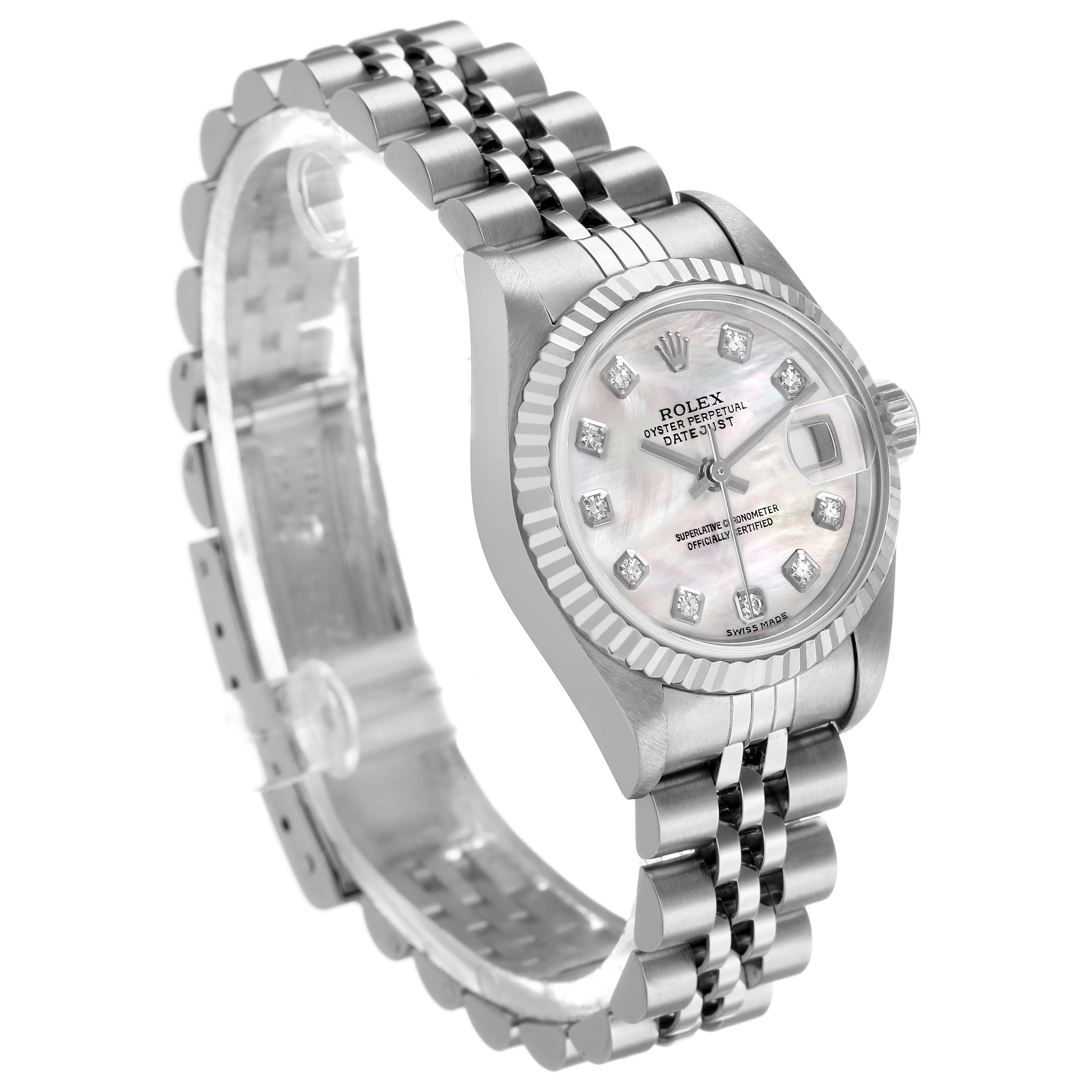 The Rolex Datejust 79174 Women's Stainless Steel Mother of Pearl Dial watch is shown at a three-quarter angle, highlighting the face, bezel, and part of the bracelet.