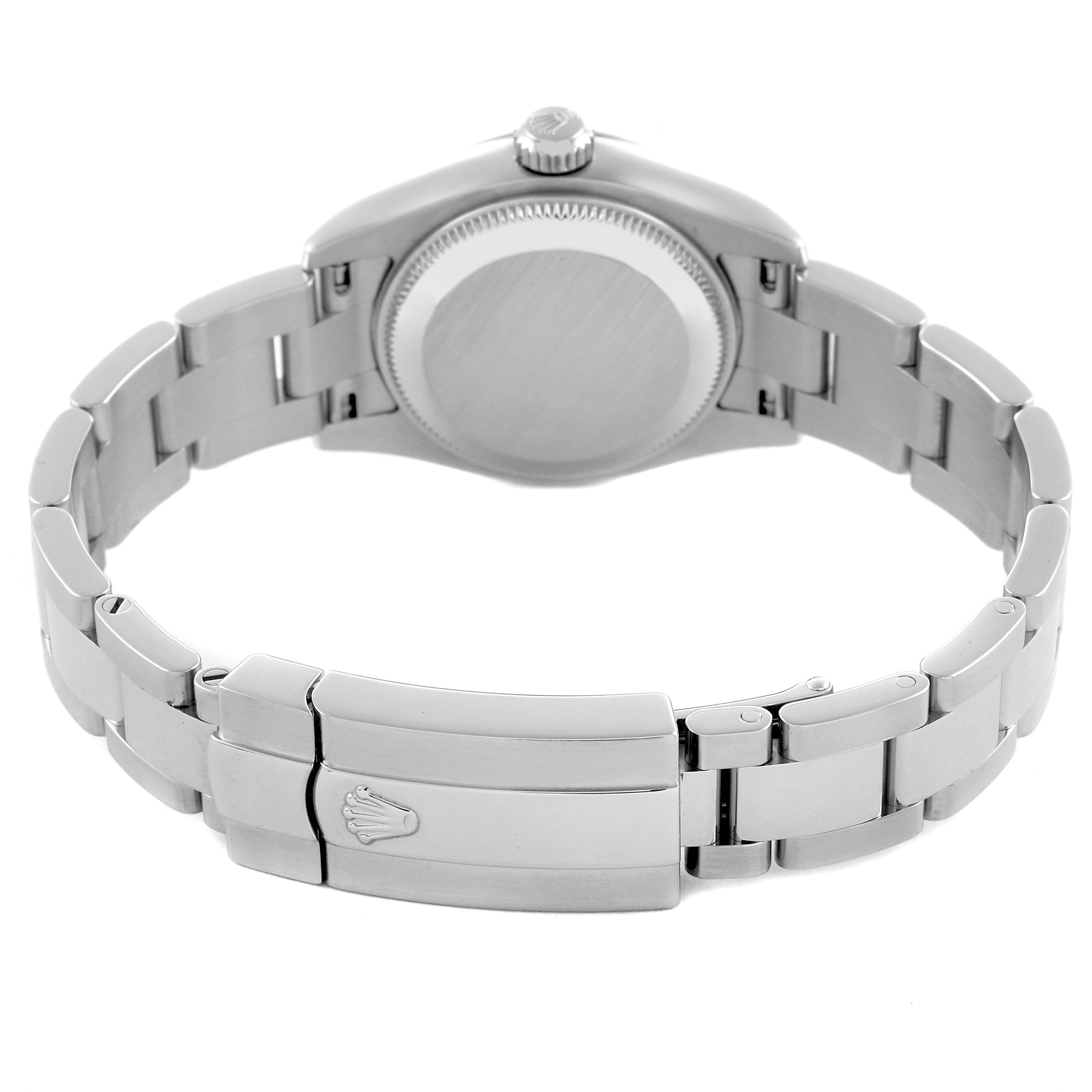 The image shows the back view of a Rolex Datejust 179174 Women's Stainless Steel Pink Dial watch, highlighting the clasp and bracelet.